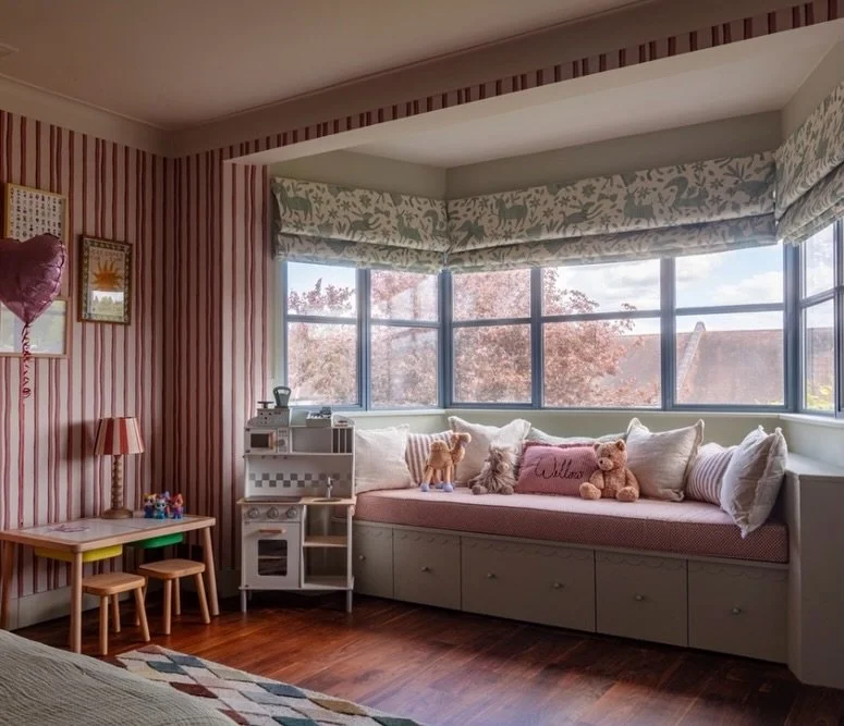 Willow&rsquo;s World ✨🐪

Pattern, colour and creatures galore, 
A circus of fun,
Never a bore,
A room to play and dream (and snore&hellip;!)
A room where more is more 💖

Poem: Camille the Camel (far left of bay window seat in cornflower booties) 
I