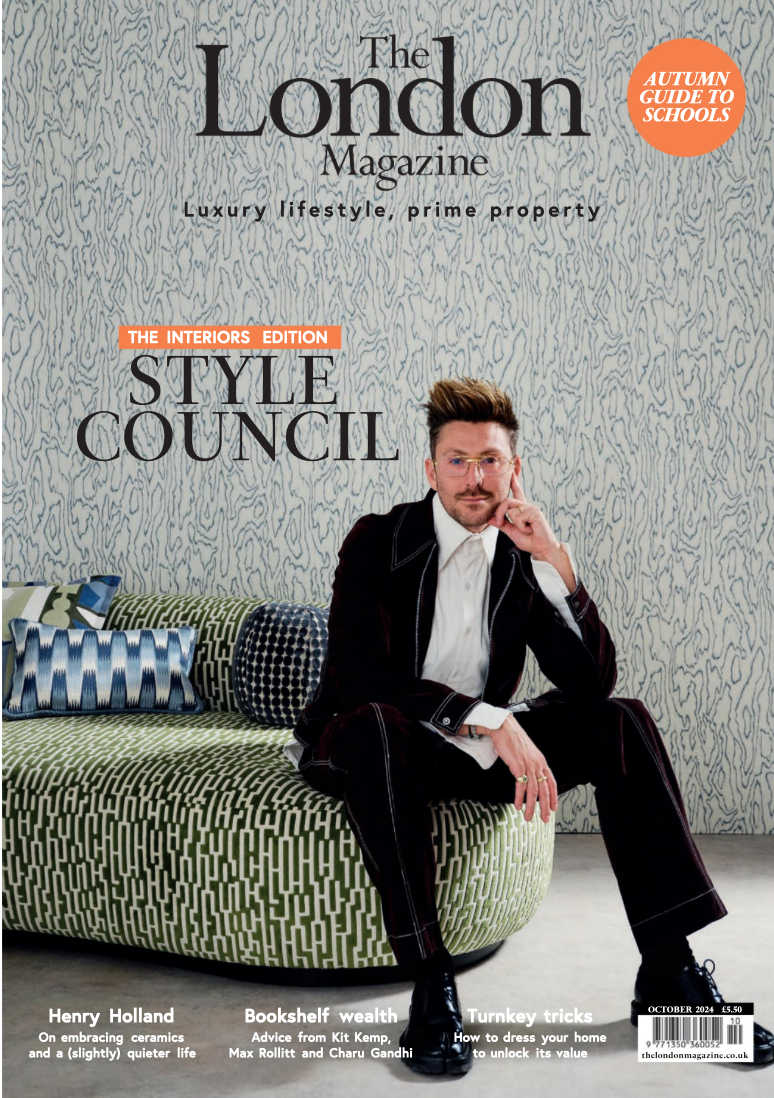 Cover of The London Magazine, Autumn 2024 issue, featuring a man in black suit with white shirt sitting on a patterned sofa in a room with textured wallpaper, with magazine headlines about interior style, property, and advice.