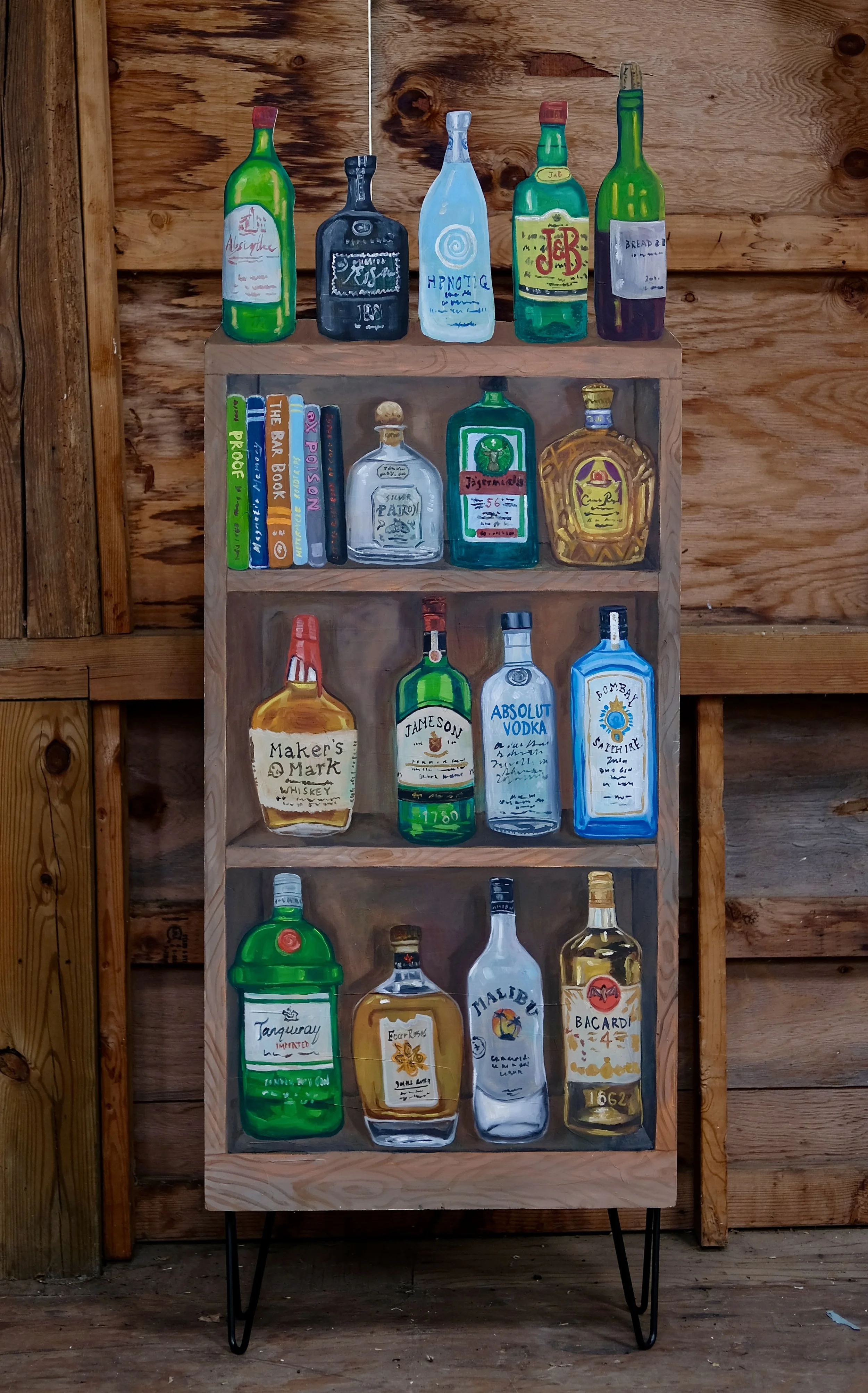   Liquor Cabinet   oil on cut panel, wood, metal  52 x 24 x 10 inches  2023 
