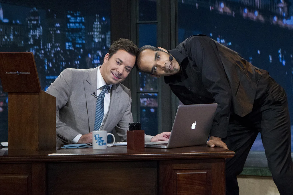 Jimmy Fallon, Dion Flynn on set of "The Tonight Show"