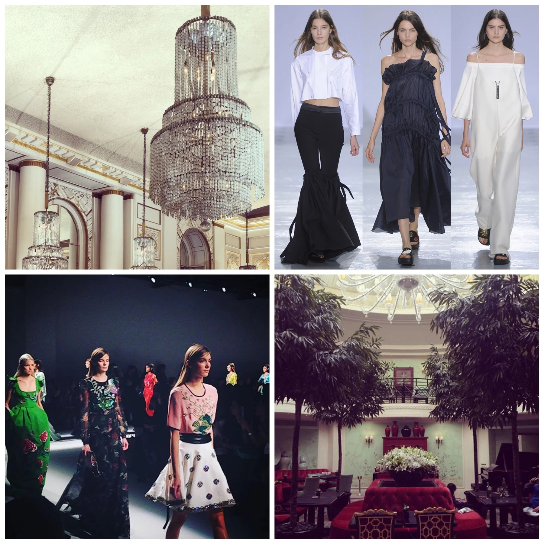 Chandeliers at Roland Mouret, Ellery does black & white best, beautiful florals at Andrew Gn, tea at the Shangri-La Hotel.