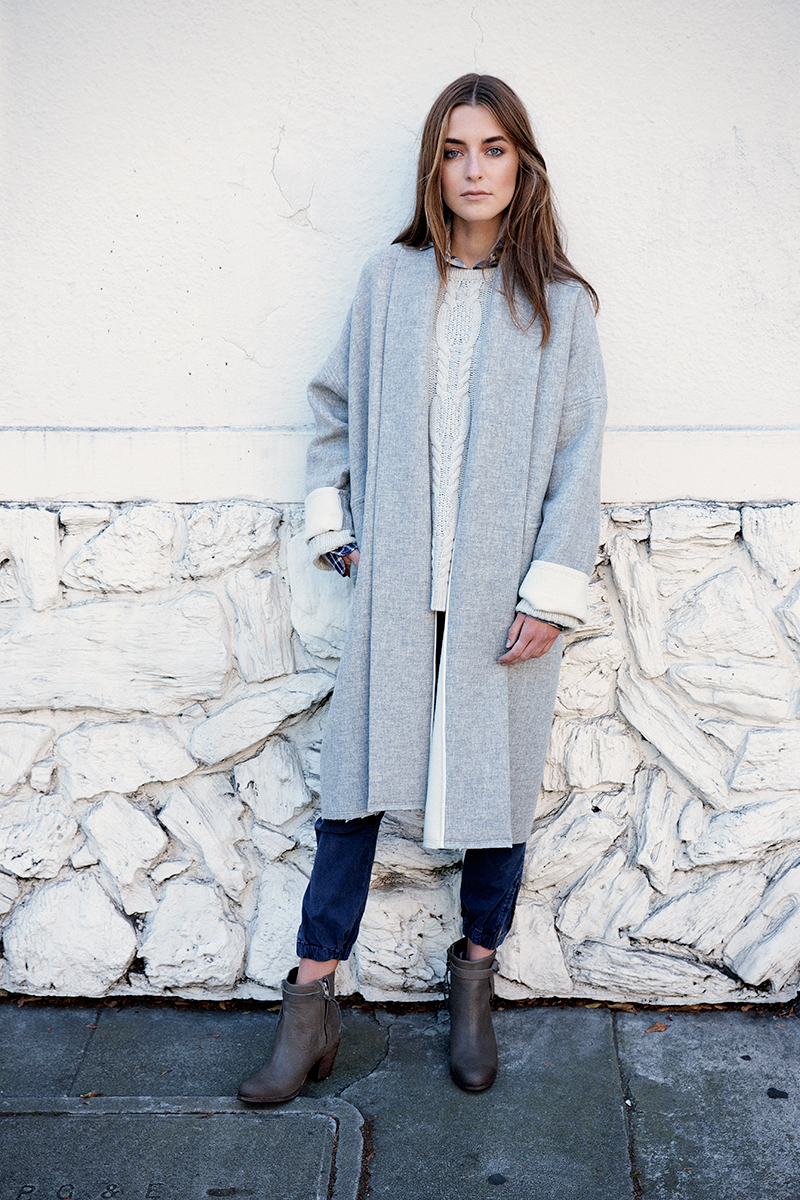 Kimono coat, crinkle plaid shirt, cable sweater, ankle zip pants all Nili Lotan. Boots by Humanoid.