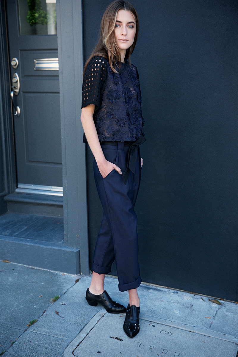 SEA top and navy belted trouser, Alexa Wagner studded oxfords