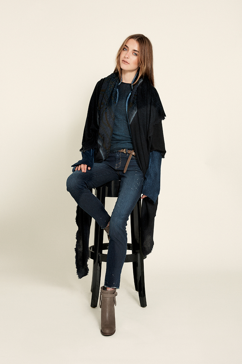 sweater and wrap scarf Avant Toi, jeans Mother Denim, boots Humanoid