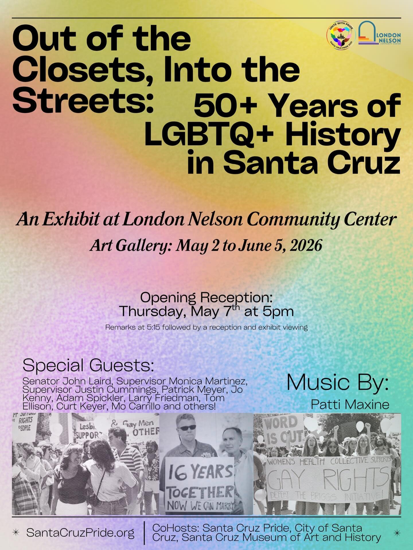 Join us for the opening reception on May 7 at 5pm at London Nelson Center of &ldquo;Out of the Closet and Into the Streets: 50+ Years of Santa Cruz County LGBTQ+ History.&rdquo; An exhibit through May implemented by Pat Dellin with help from @santacr