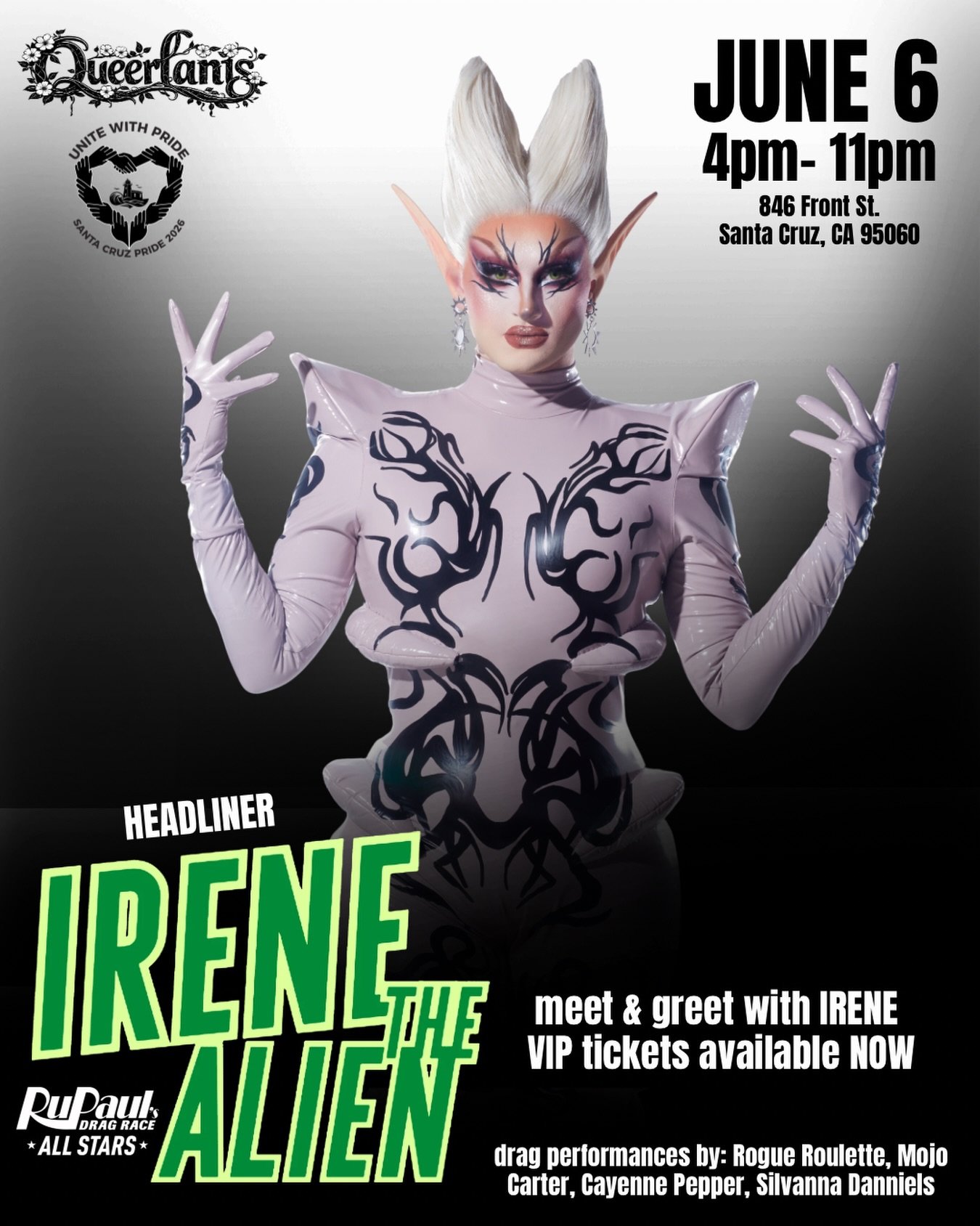 We're so excited to welcome Irene the Alien to Queerlantis! She'll be speaking on a panel, performing, AND hanging out for a meet &amp; greet. 

We also have an amazing lineup of performers, a vendors market, and drink lounge by The Neighbor's Pub. 
