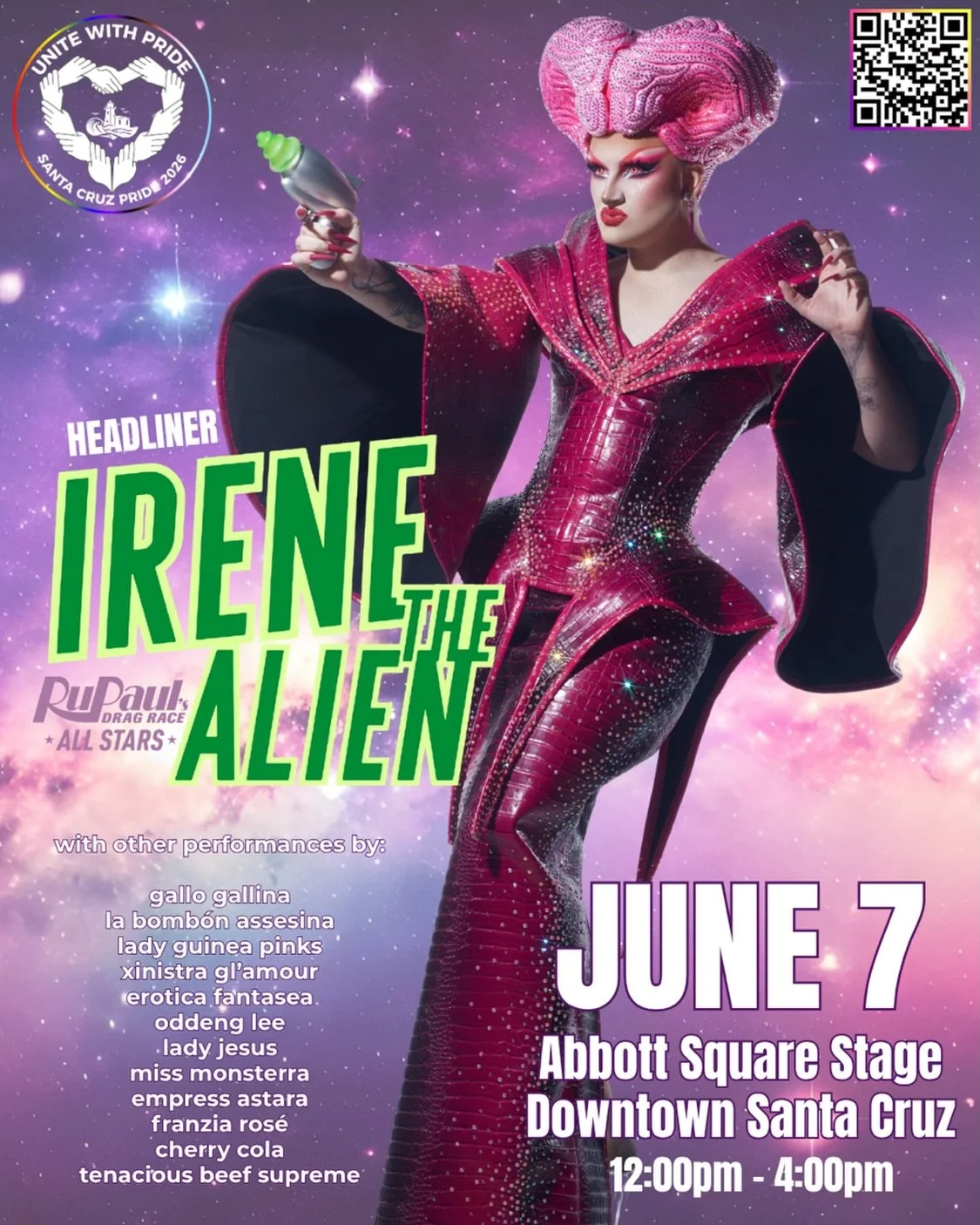 Get ready for our amazing lineup of performers for the Pride Festival at Abbott Square Stage, headlined by RuPaul&rsquo;s Drag Race legend, Irene the Alien. 
Want more Irene? Catch her at Queerlantis and score your VIP meet &amp; greet tickets to hav
