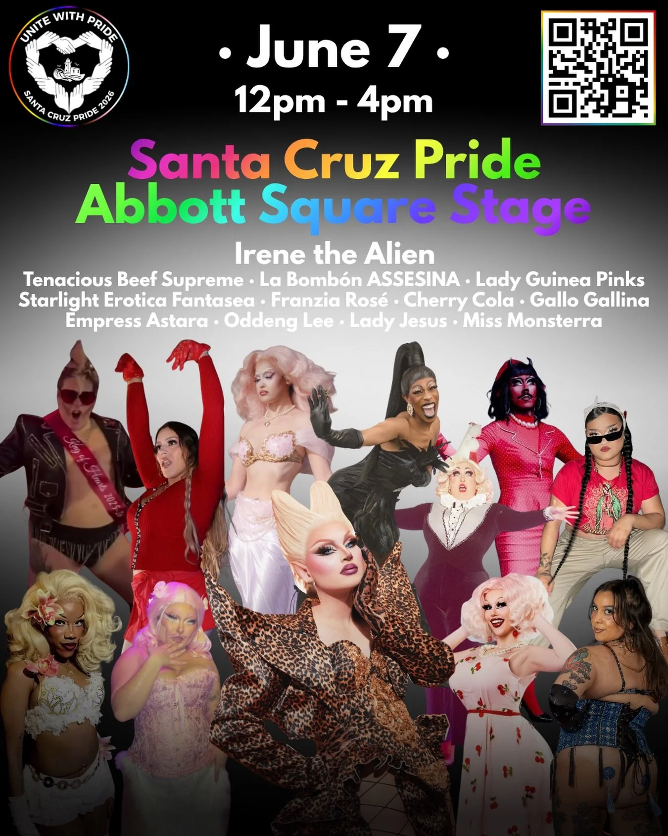Here they are- all the performers for Abbott Square Stage, alongside Irene the Alien! 

Come join the fun as we celebrate PRIDE!

Gallo Gallina &middot; La Bomb&oacute;n Assesina &middot; Miss Monsterra &middot; Tenacious Beef Supreme &middot; Empres