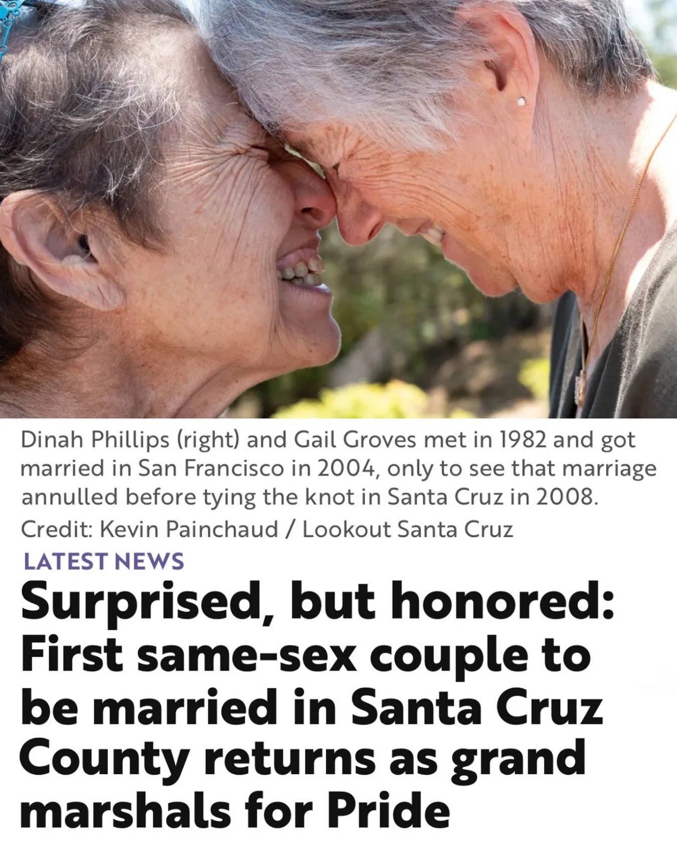 Featured on the lookout! Check the link for full story:

https://lookout.co/surprised-but-honored-first-same-sex-couple-to-be-married-in-santa-cruz-county-returns-as-grand-marshals-for-pride/story

#SantaCruzPride2026