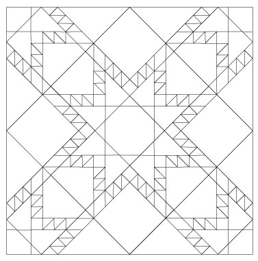 Triangles placed in the corners around the main block.