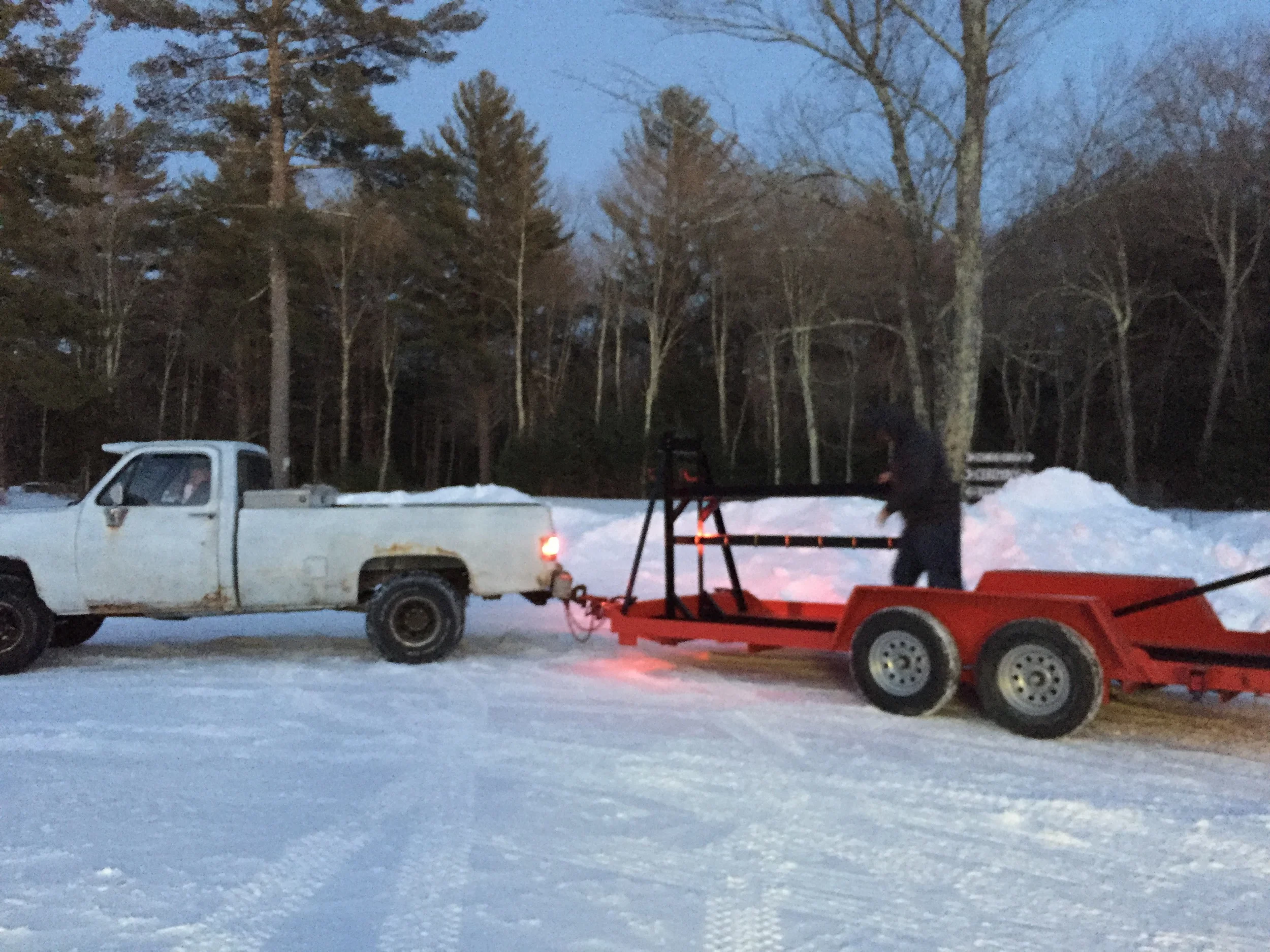  Pulling the trailer out of the shop in preparation for I-beam installation 