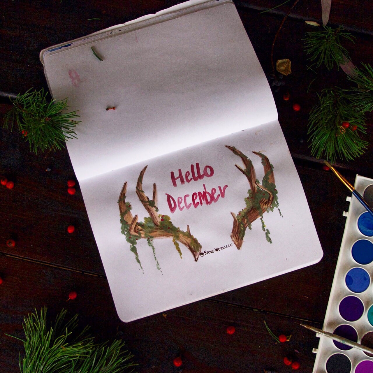 December Deer Antler Watercolor