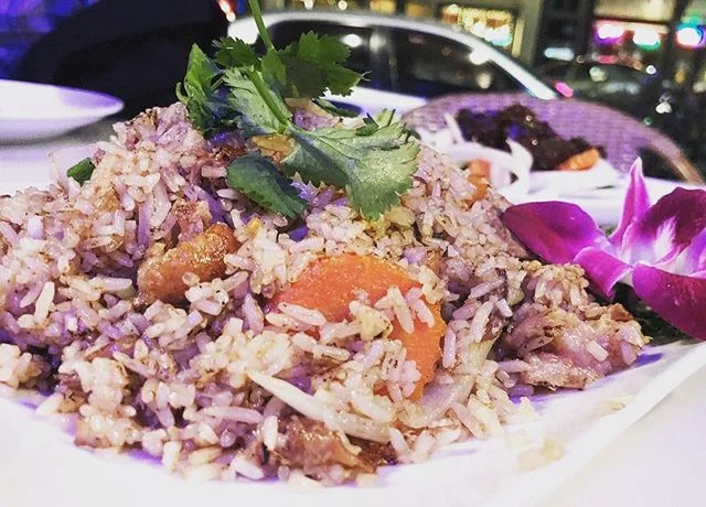 The best fried rice is cooked on a high flame wok. Duck fried rice with a nice 🌸