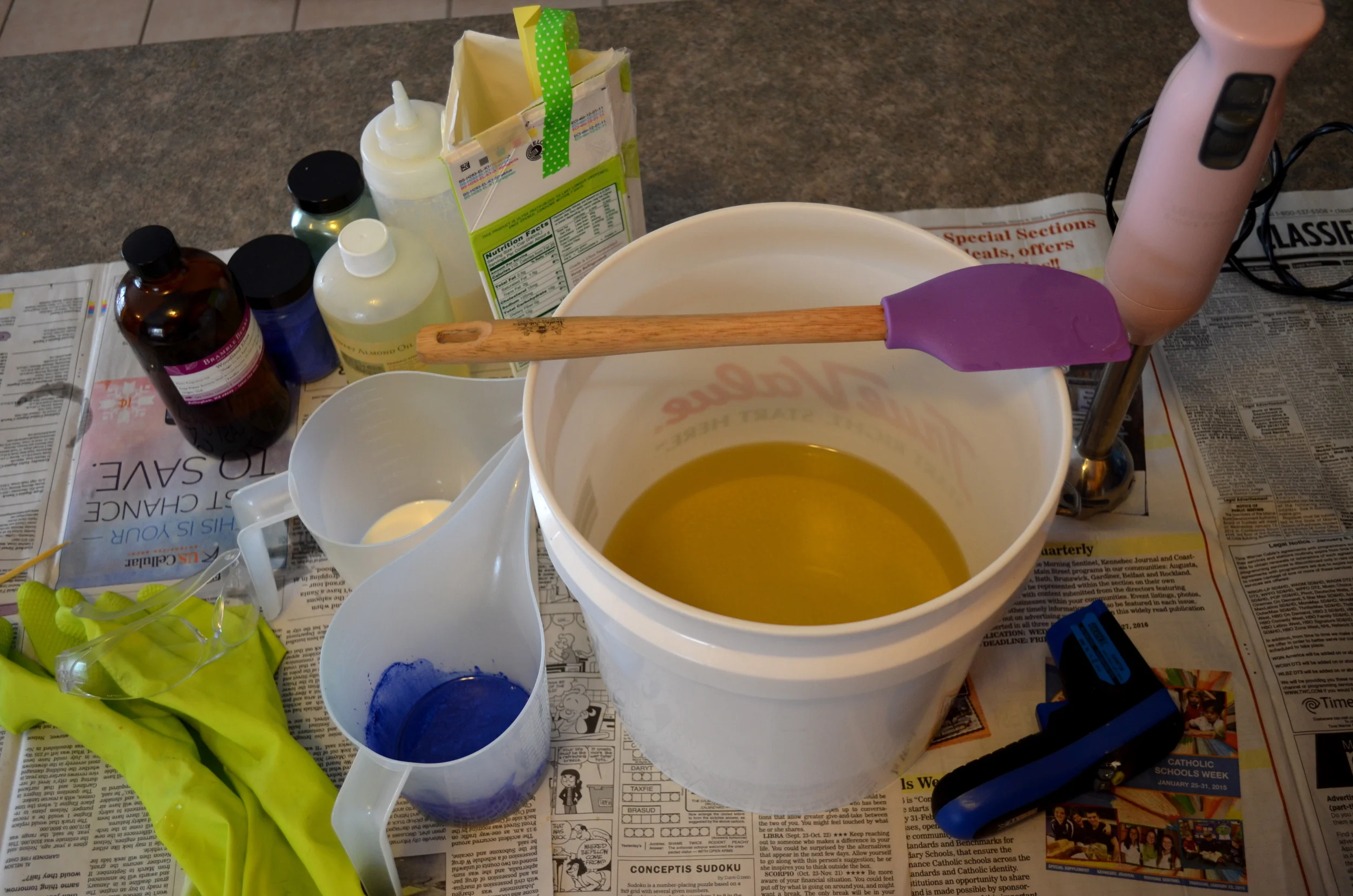 Aaaaahhhhh...the oils are all melted and ready, the mold is set up, the colors are premixed and waiting, and all I need is the lye water to get this party started.