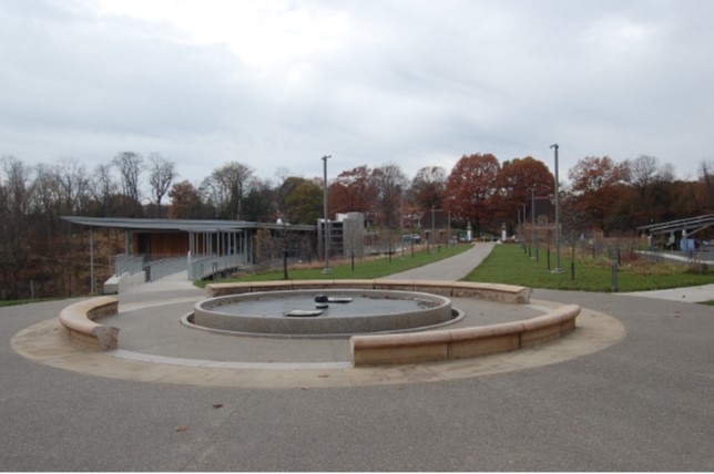 View from Clayton Hill Fountain (reconstructed) back to Beechwood Blvd. gatehouses; Frick Environmental Center at left