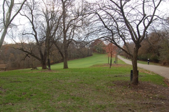 Riverview Trail facing back toward Beechwood Boulevard; playground hidden from view over rise in distance