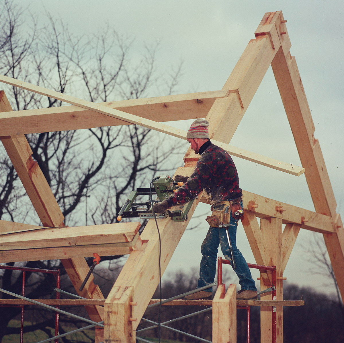 Shawn McGlynn working on a Renaissance Restoration timber frame project.