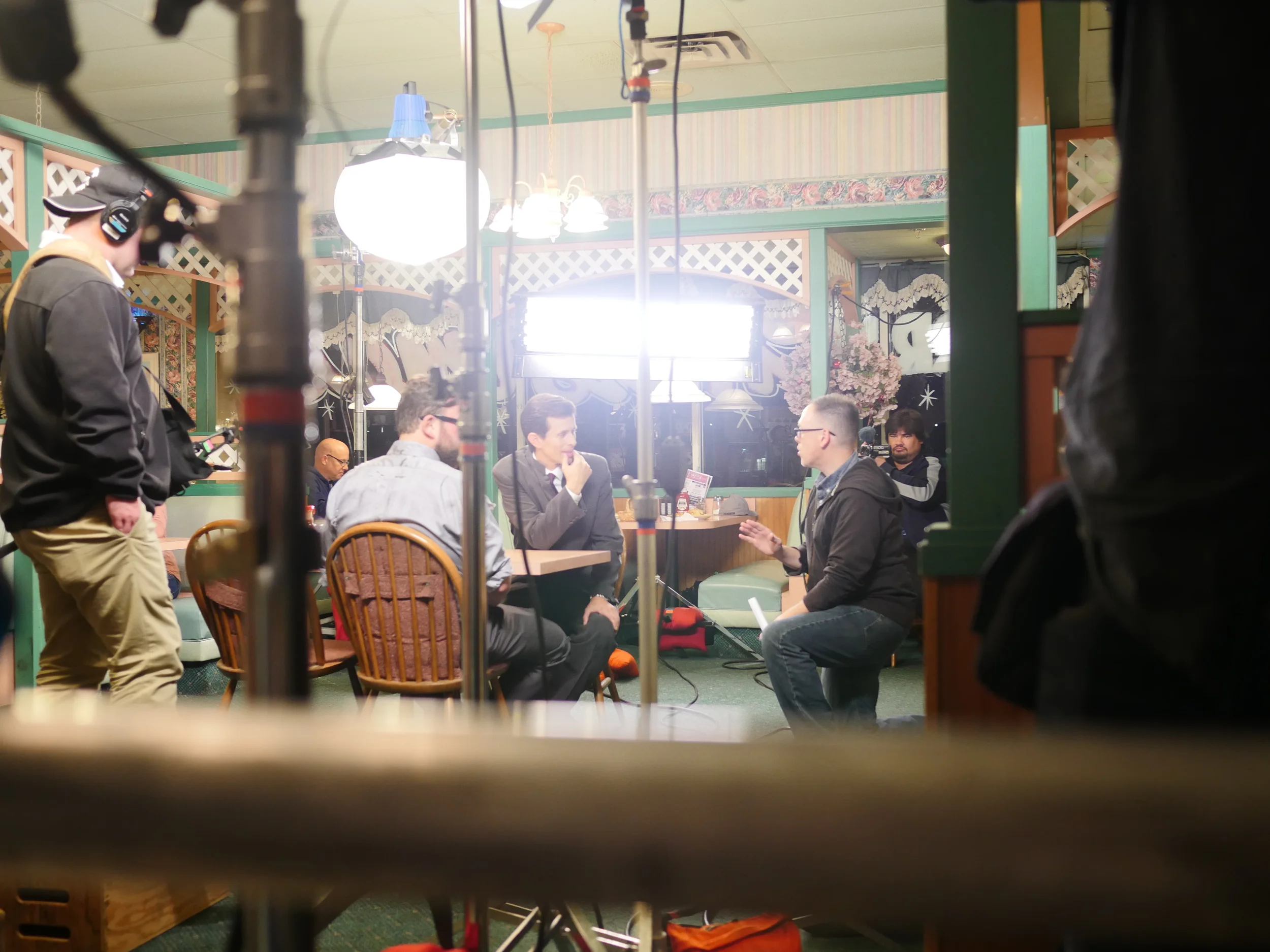 Shooting in the new diner. L-R: Jared Dupras, Michael Needham, Greg Tharpe, Travis Cluff, Brock Heasley, Glen Barnhart. Photo by Jenny Pauline-Mendoza