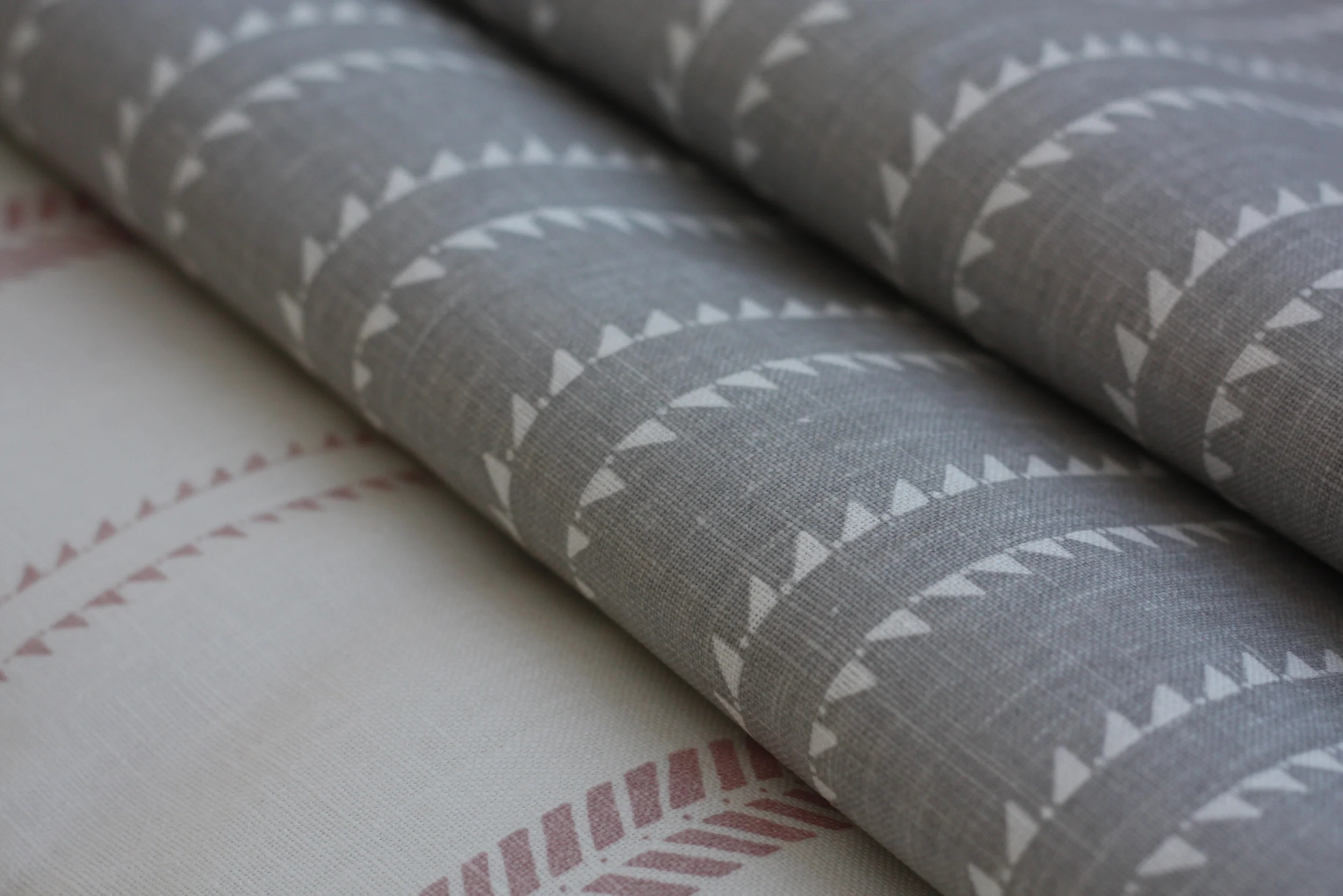 WINDMILL WOOD IN ROCK GREY, SLADE STRIPE IN PETAL PINK LINEN FABRIC