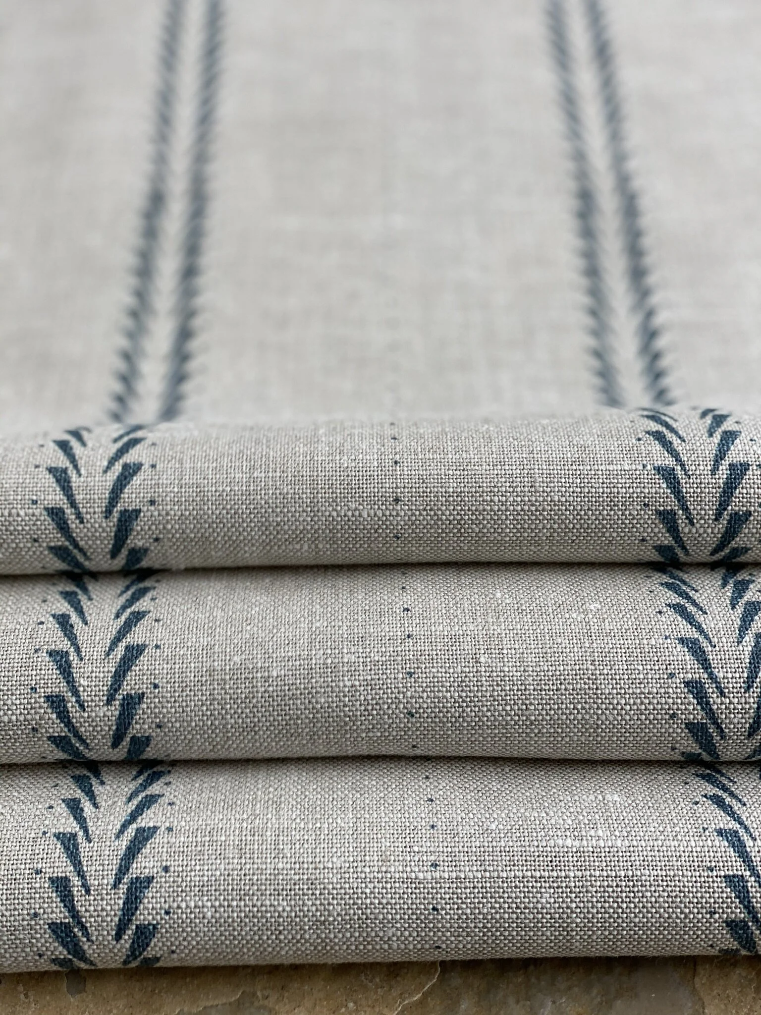 Feather Blade Atlantic Blue printed linen fabric for blinds