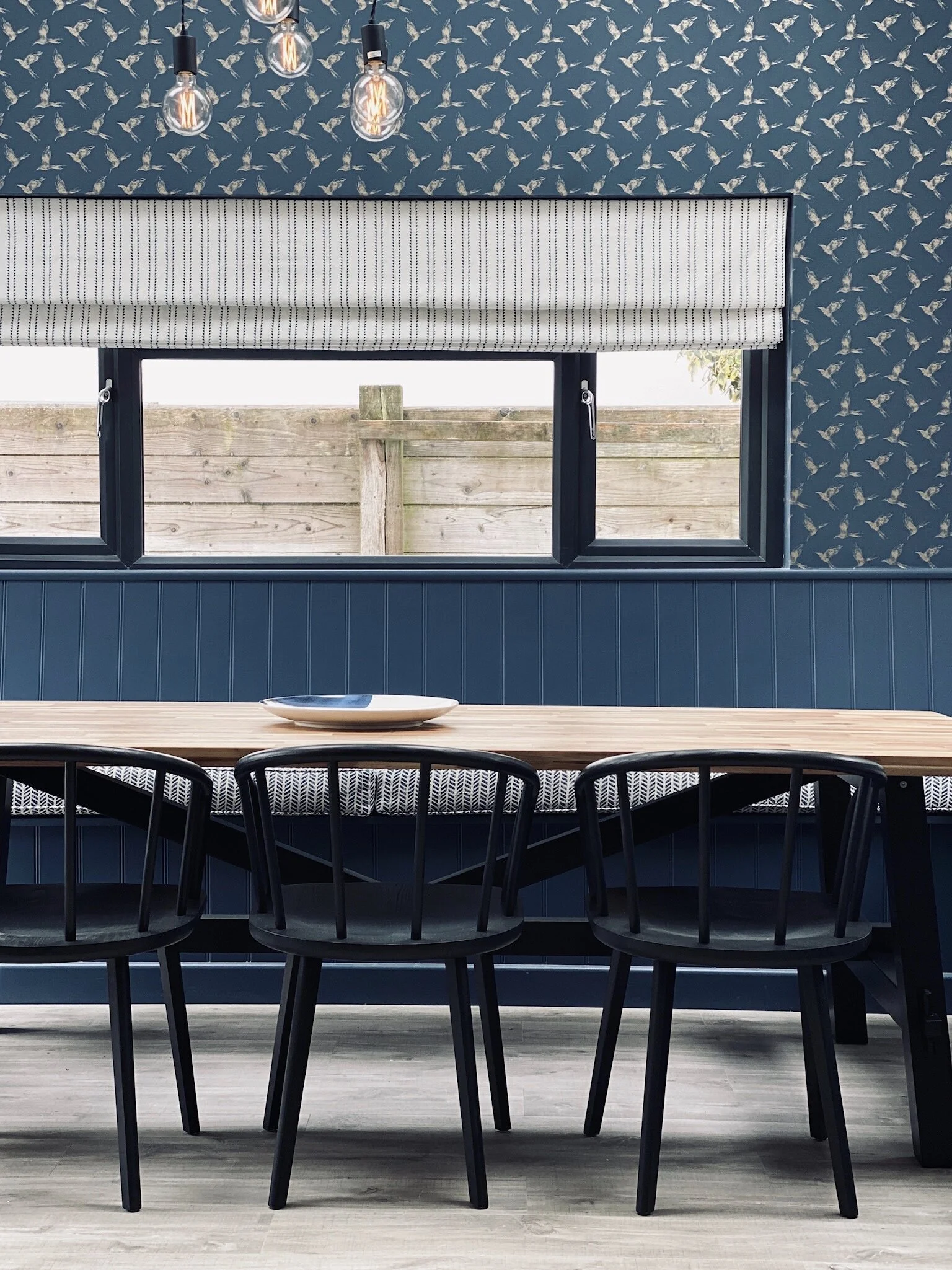 Bollin Bird Wallpaper, Windmill Wood Inky Sky roman blind, Mottram Meadow Inky Sky seat pad