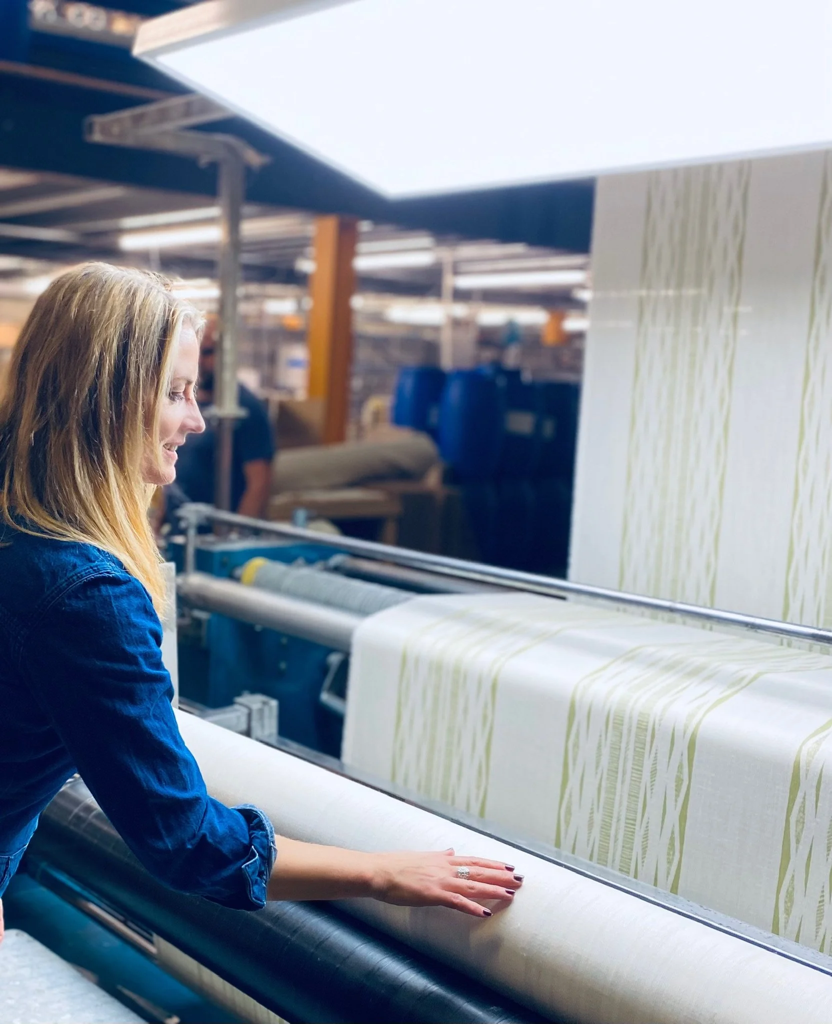 Traditionally printed green linen made in England