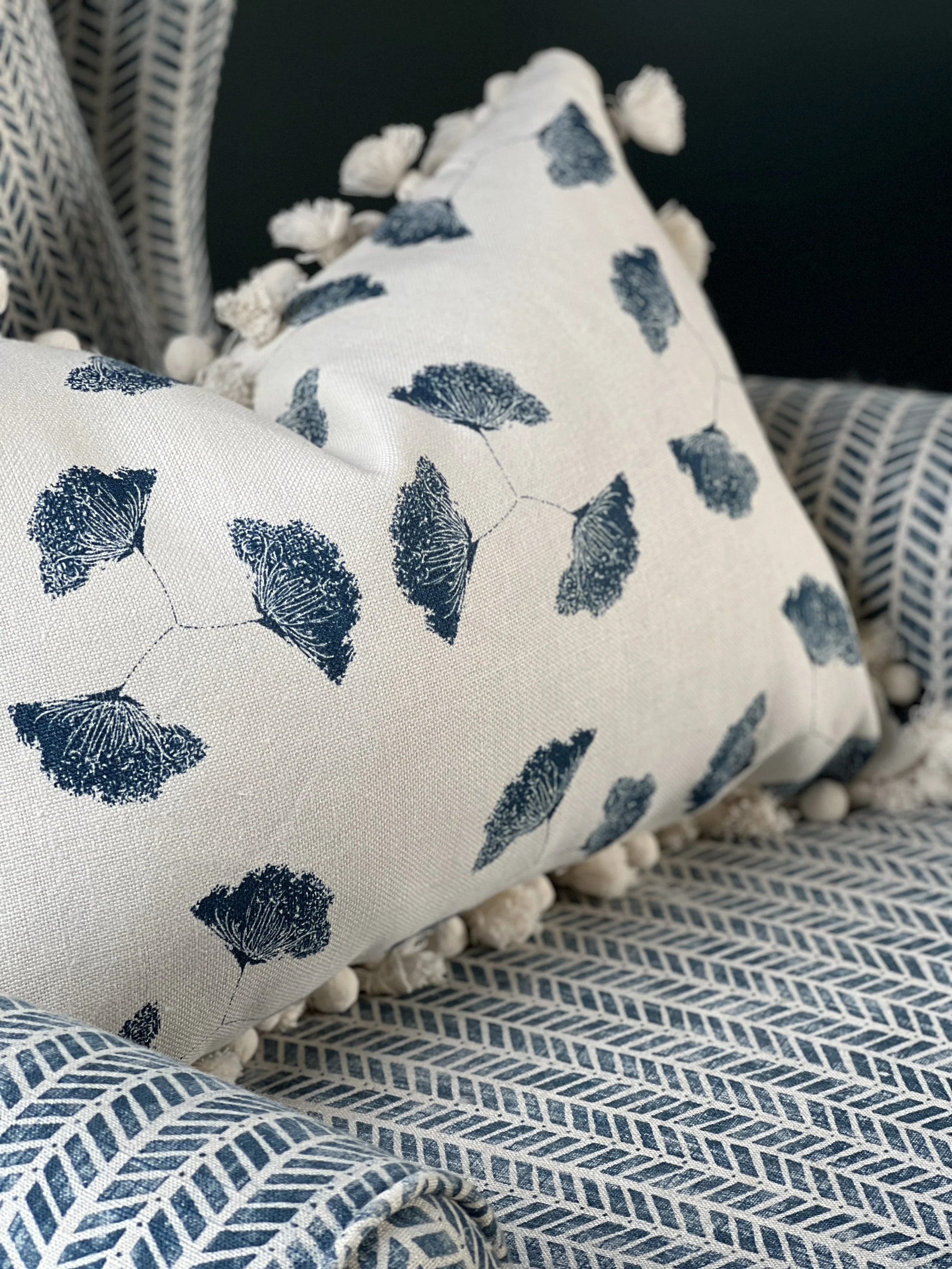 Ammi Inky Sky Cushions with pompom trim