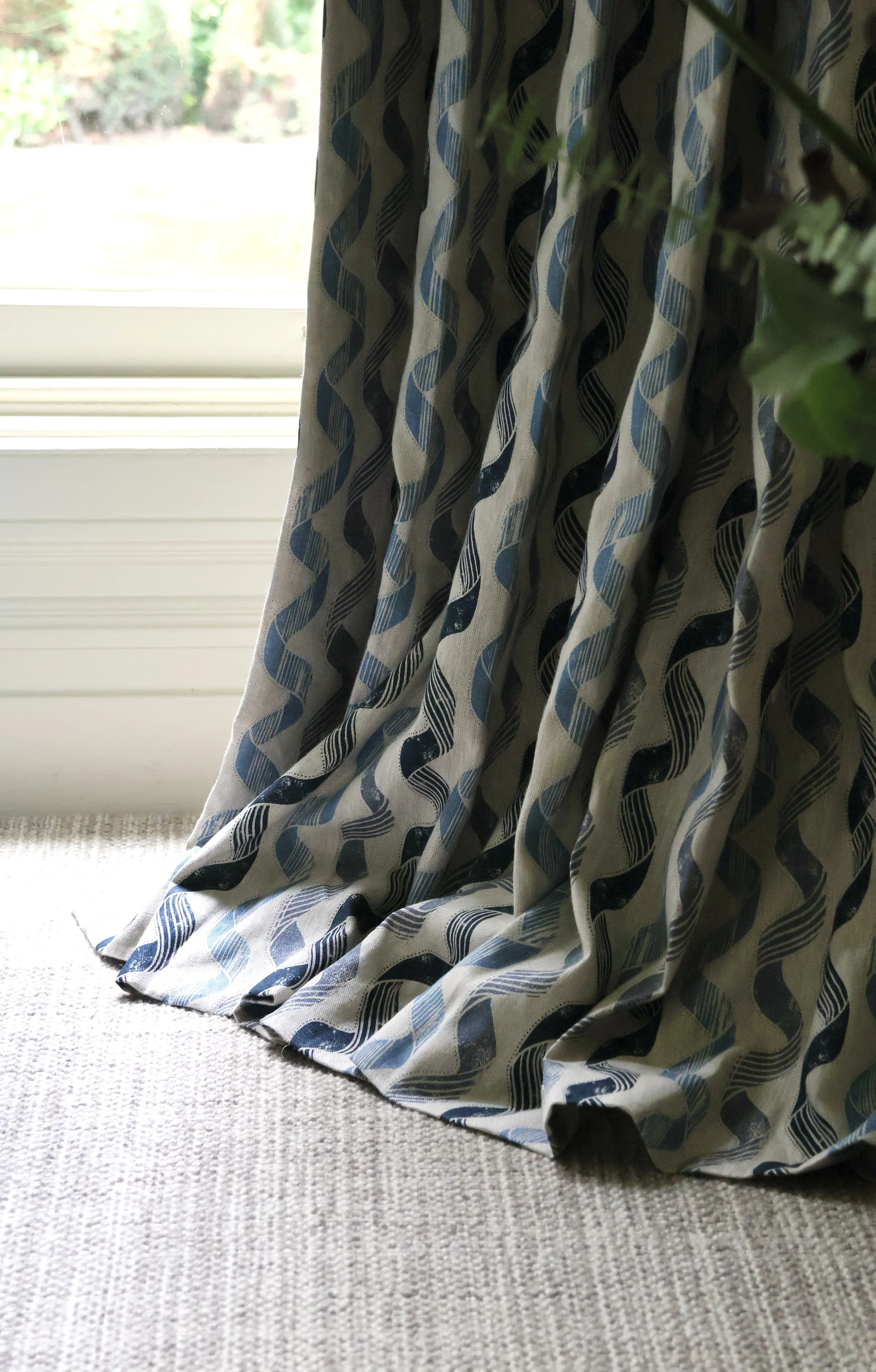 Cintas Blues Printed Linen Puddle Drape Curtain
