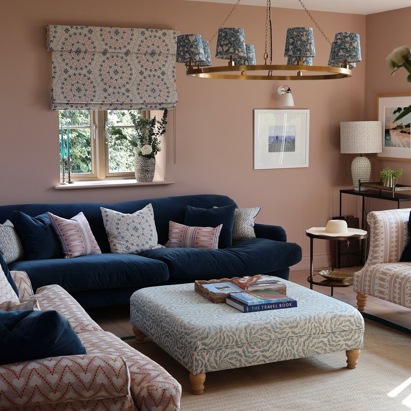 Pattern, print and colour at home includes a selection of contrasting fabrics with different scales, from different collections.  It&rsquo;s always evolving. 

Ceiling light @pookylights with our shades in Perdu Tealy Blue. 
Sofa @sofadotcom 
Teal so