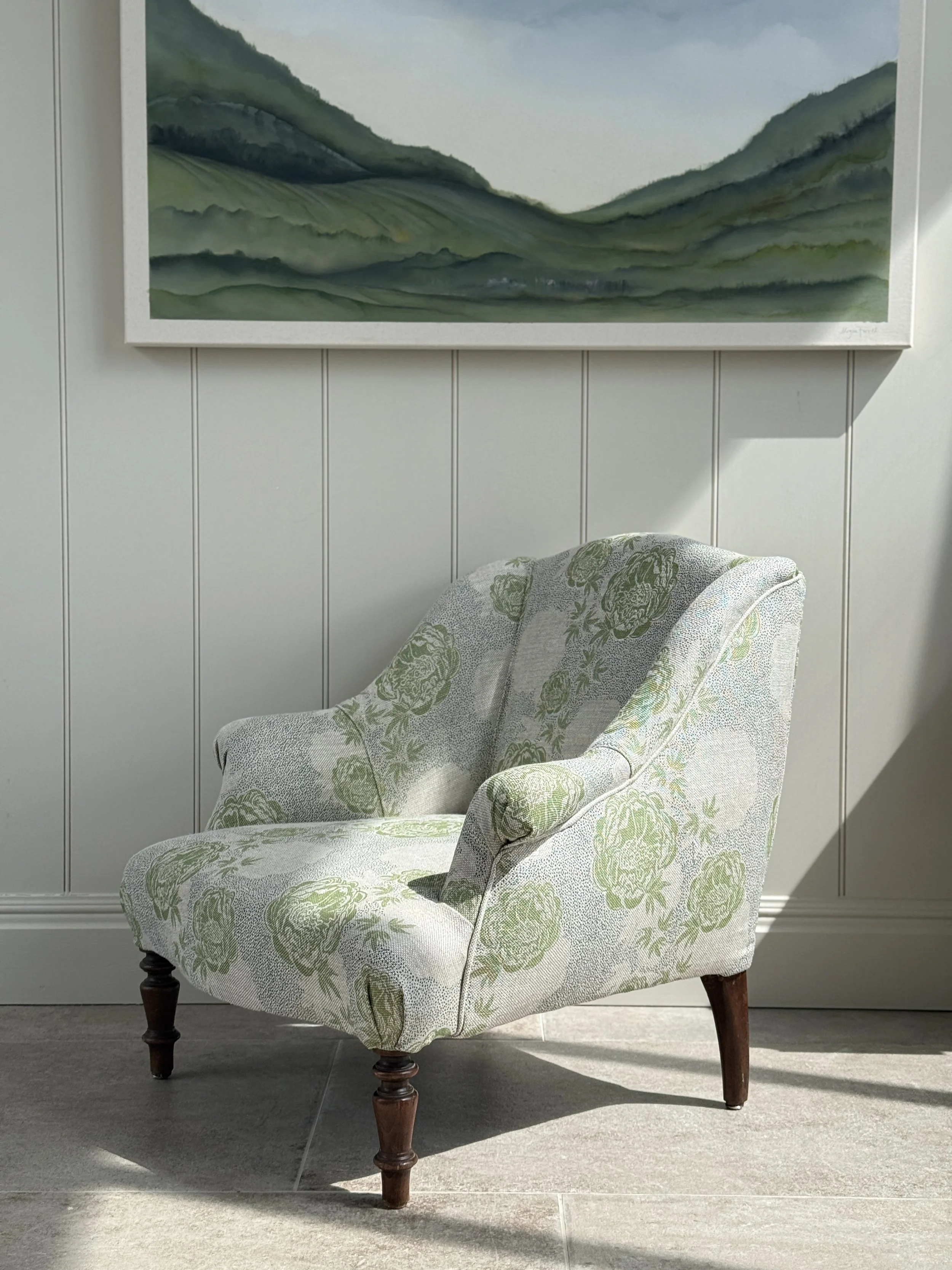 Armchair made in Peony Echo Cabbage Green and Dark Teal Fabric