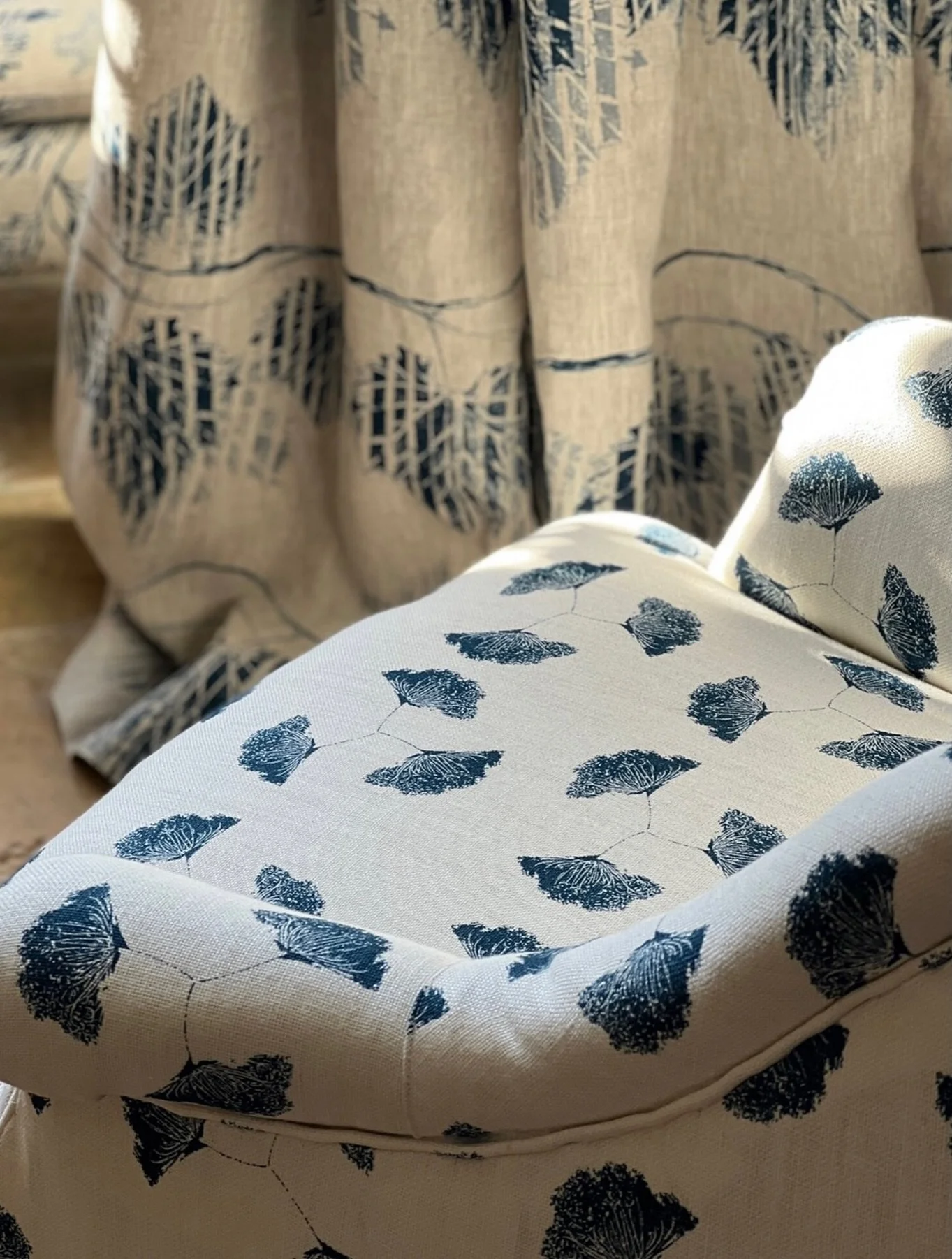 We love a little French flavour.  The Ammi design (fabric on the chair) from the Vivre le R&ecirc;ve collection began life as a pressed Ammi flower head.  I hand printed it onto card then played around with the layout to create a trio flower head tha