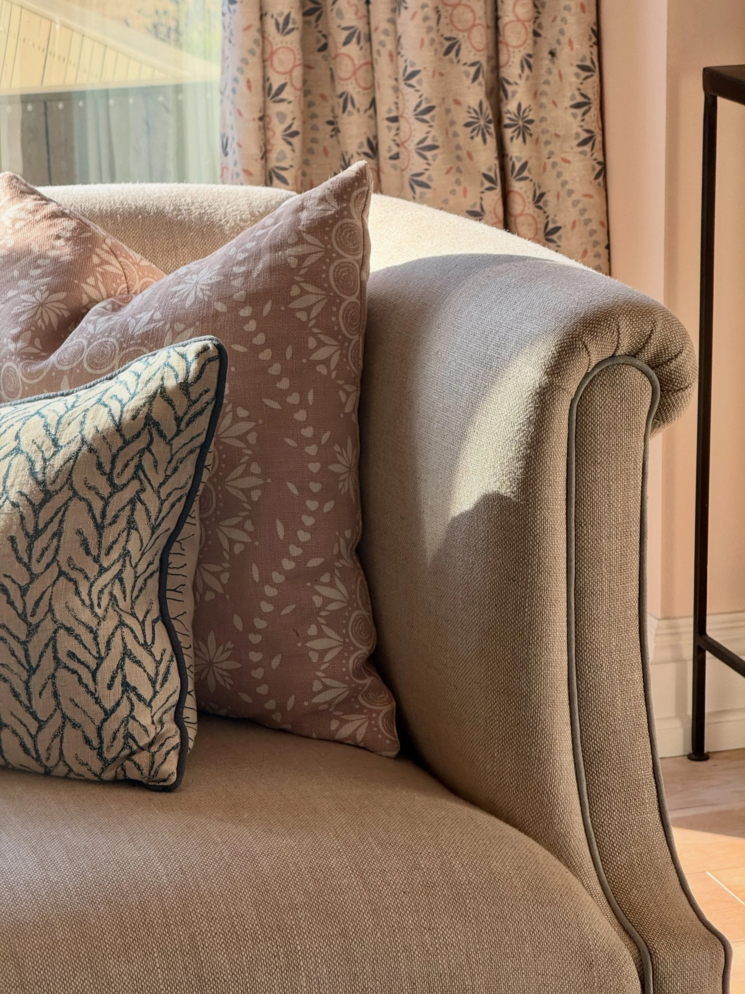 Quieter ways to do pattern.  With warm, soft pink tones contrasting with some inky blue accents,  against a backdrop of natural linen, pattern can be interesting without dominating. 

Explore our selection of cushions and covers online in some of our