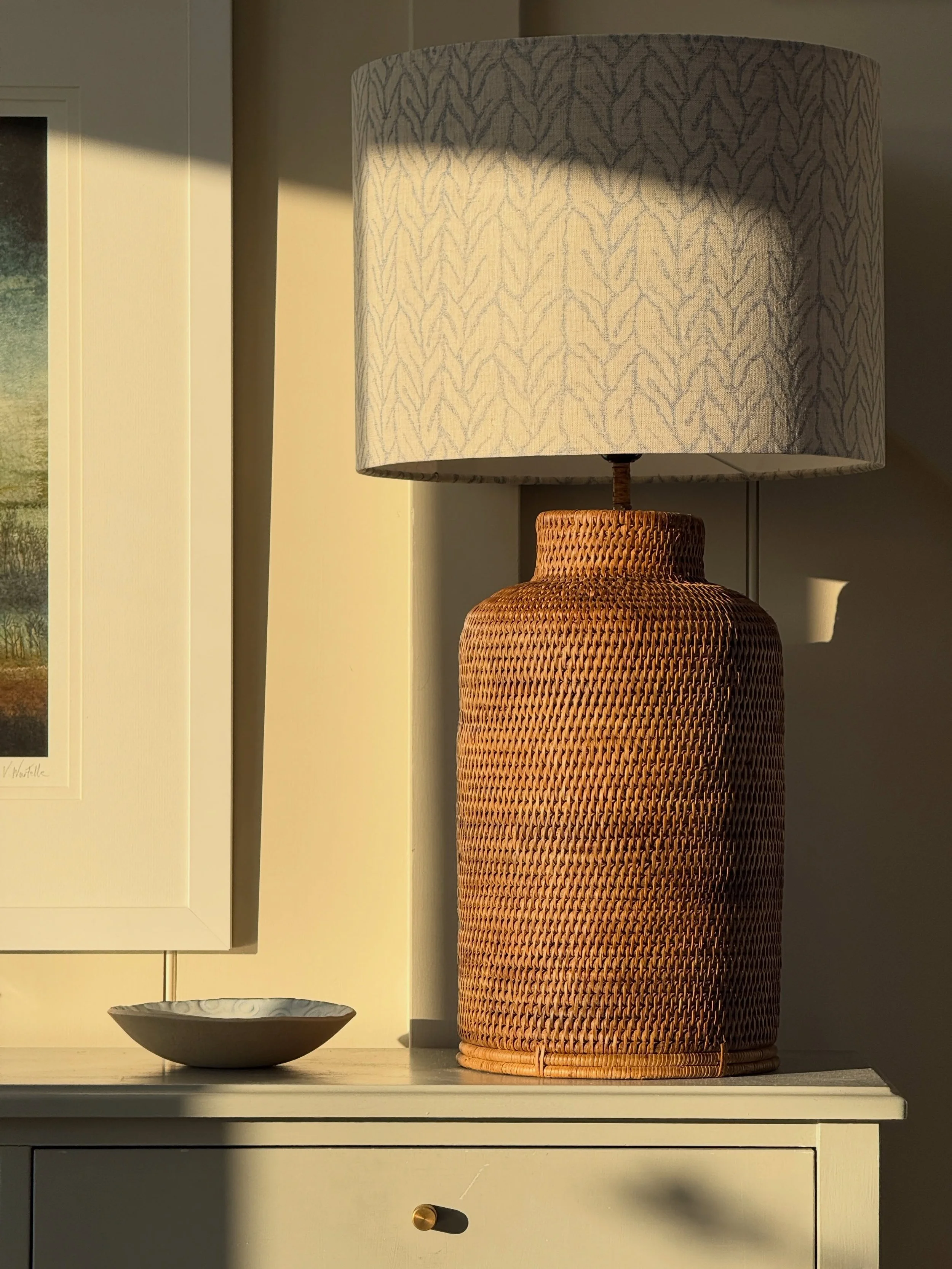 Switching up the lighting for Autumn to add texture, pattern and warmth. 🍂 

Large lampshade handmade in Sea Tangle Chateau Blue printed linen. 

Anyone remember this brilliant track from the 90s? ❤️ Heaven! 

Fabric from our design collaboration wi