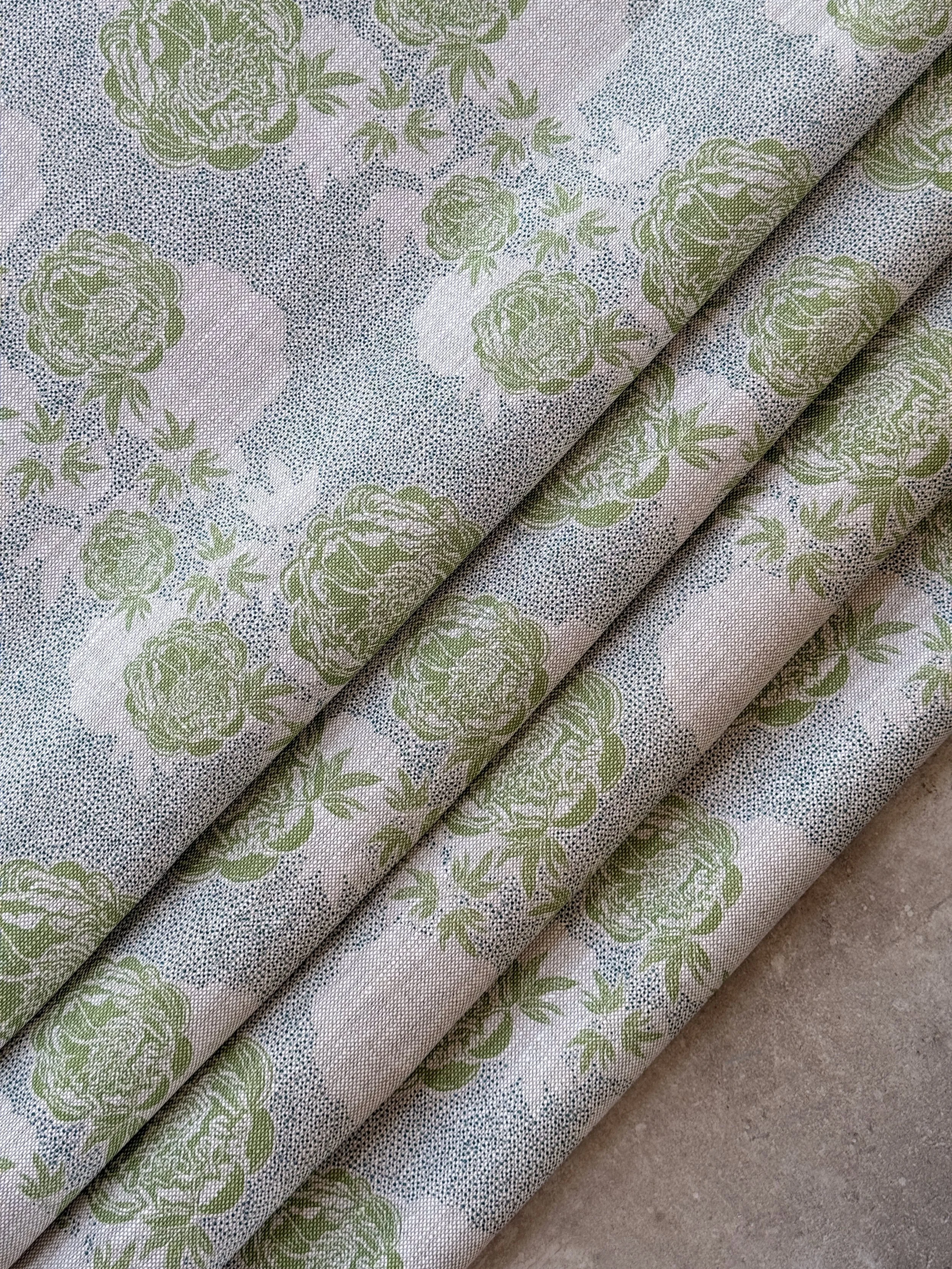 Peony Echo Cabbage Green and Dark Teal Fabric