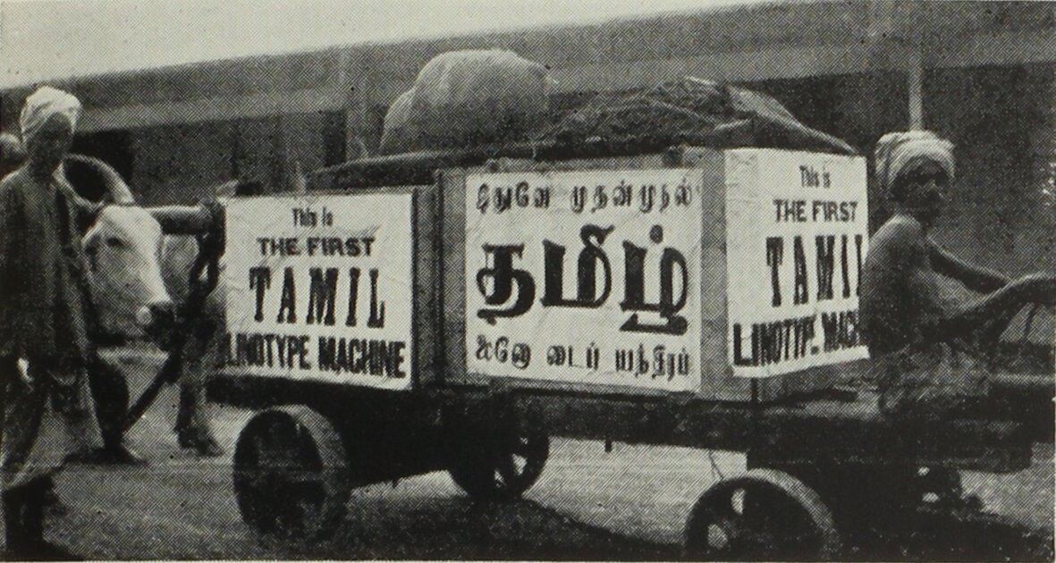 △ The first Tamil Linotype machine on its way to the Madras office of the Linotype Company, 1936. The Tamil machine followed the company’s Devanagari, Bengali, and Gujarati adaptations.