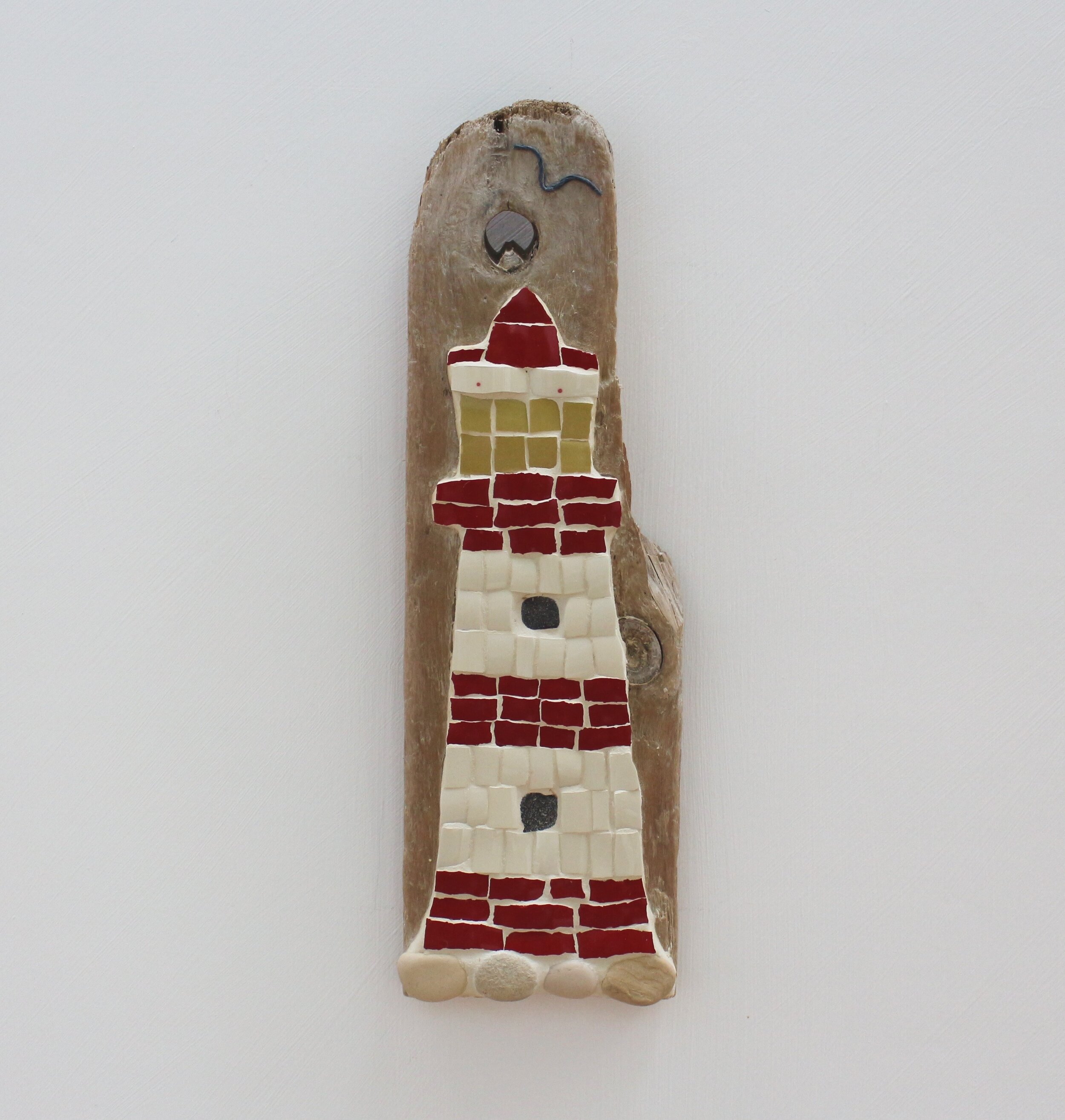 Handmade Red Lighthouse On Driftwood Mosaic Wall Art