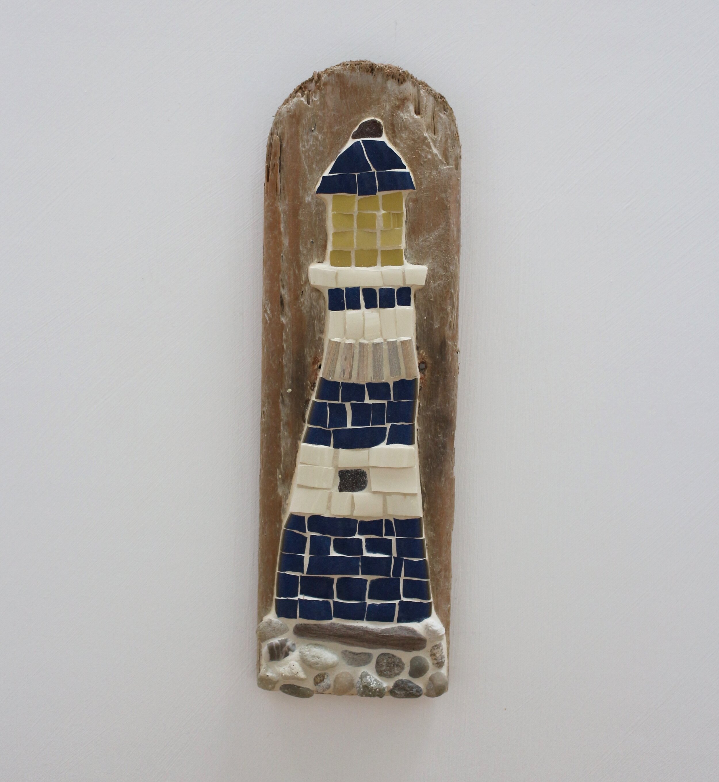 Handmade Blue Lighthouse On Driftwood Mosaic Wall Art