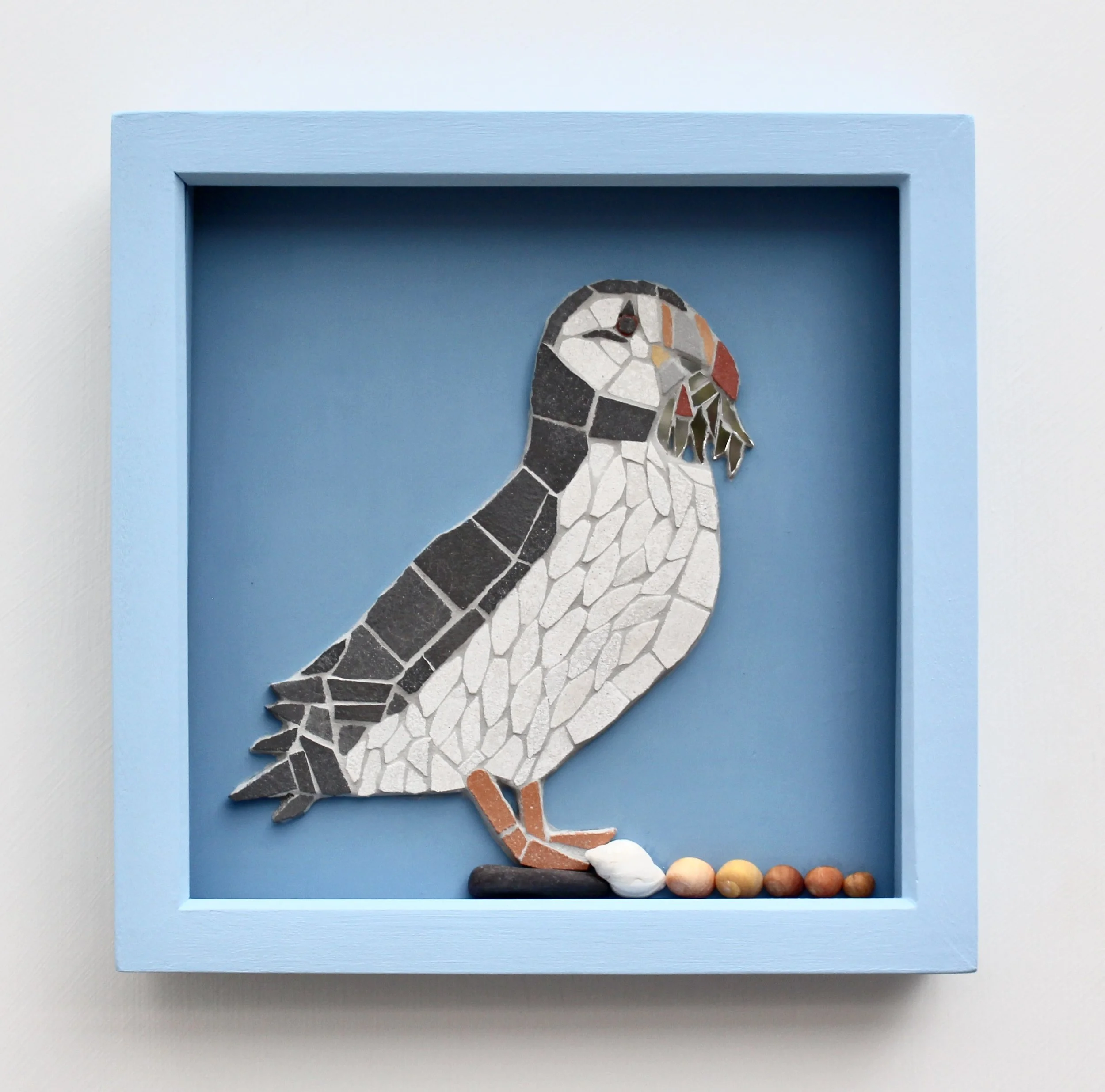 Handmade Framed Puffin With Fish Coastal Bird Mosaic Picture