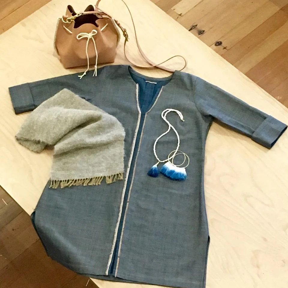 When you want luxury in a natural way KOSA Indie Tunic in Vresis Limited organic cotton using fabric backside out, keeping all that indigo close to your heart, paired w i th Looming Jane hand loomed scarf ( w Vreseis yarns as warp dyed with chestnut, weft recycled mohair) + Takara Design indigo fringe necklace/earrings...all cozied up to Buffalo & Company hand stitched veg tan bucket bag.