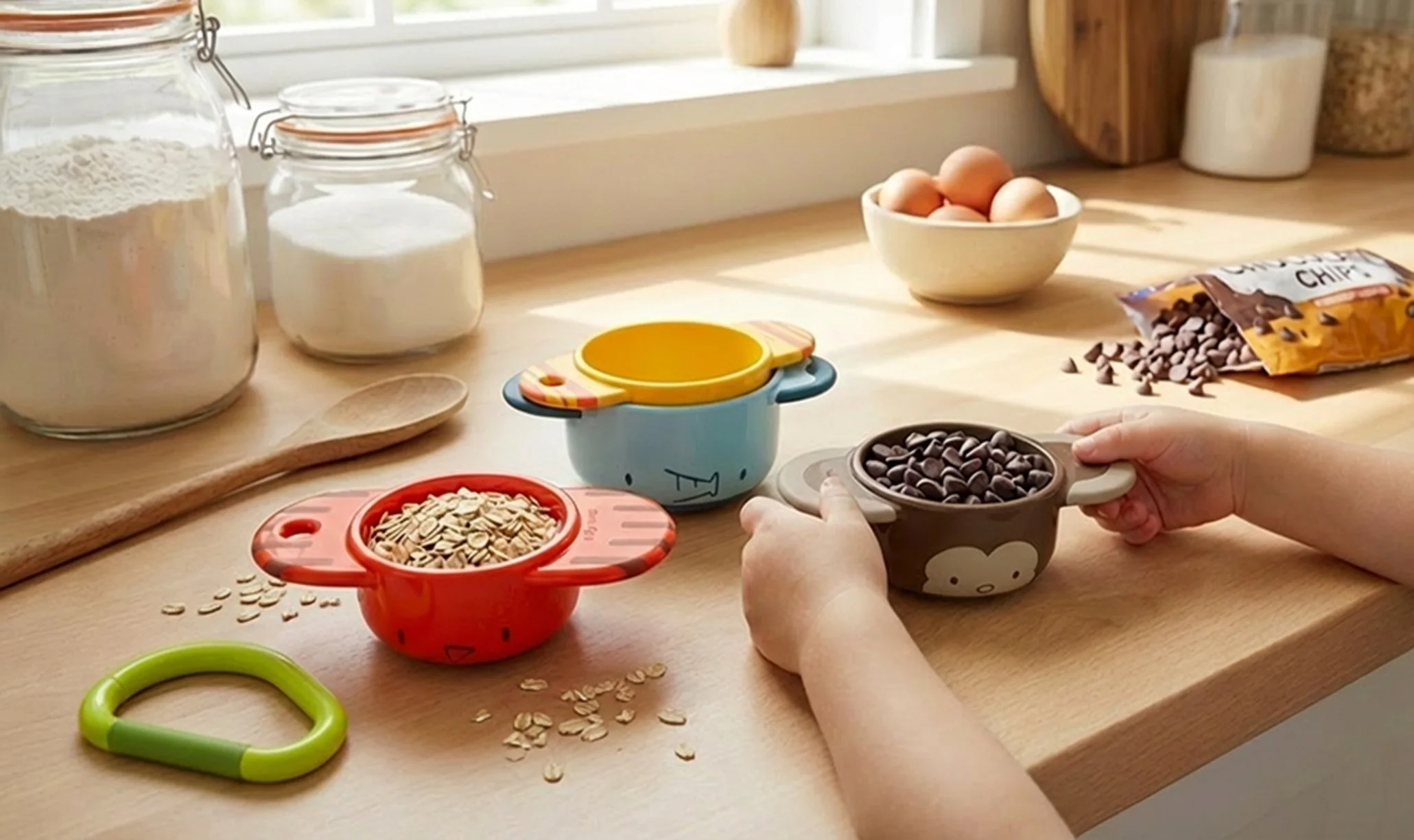 A photo of measuring cups designed for kids and lower dexterity considerations, to support moments in the kitchen