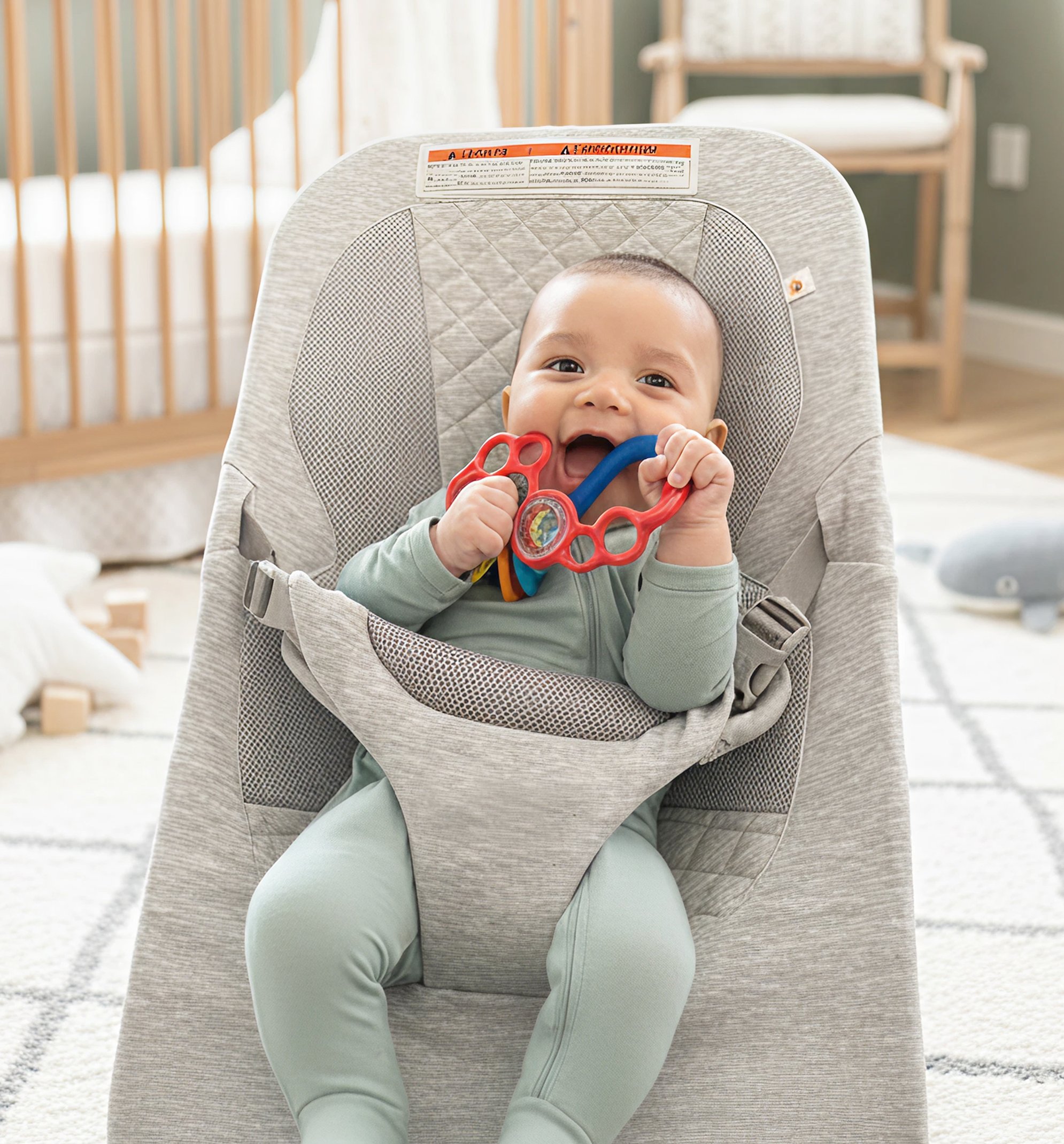 An infant holding a busy teether toy that is easy to grasp