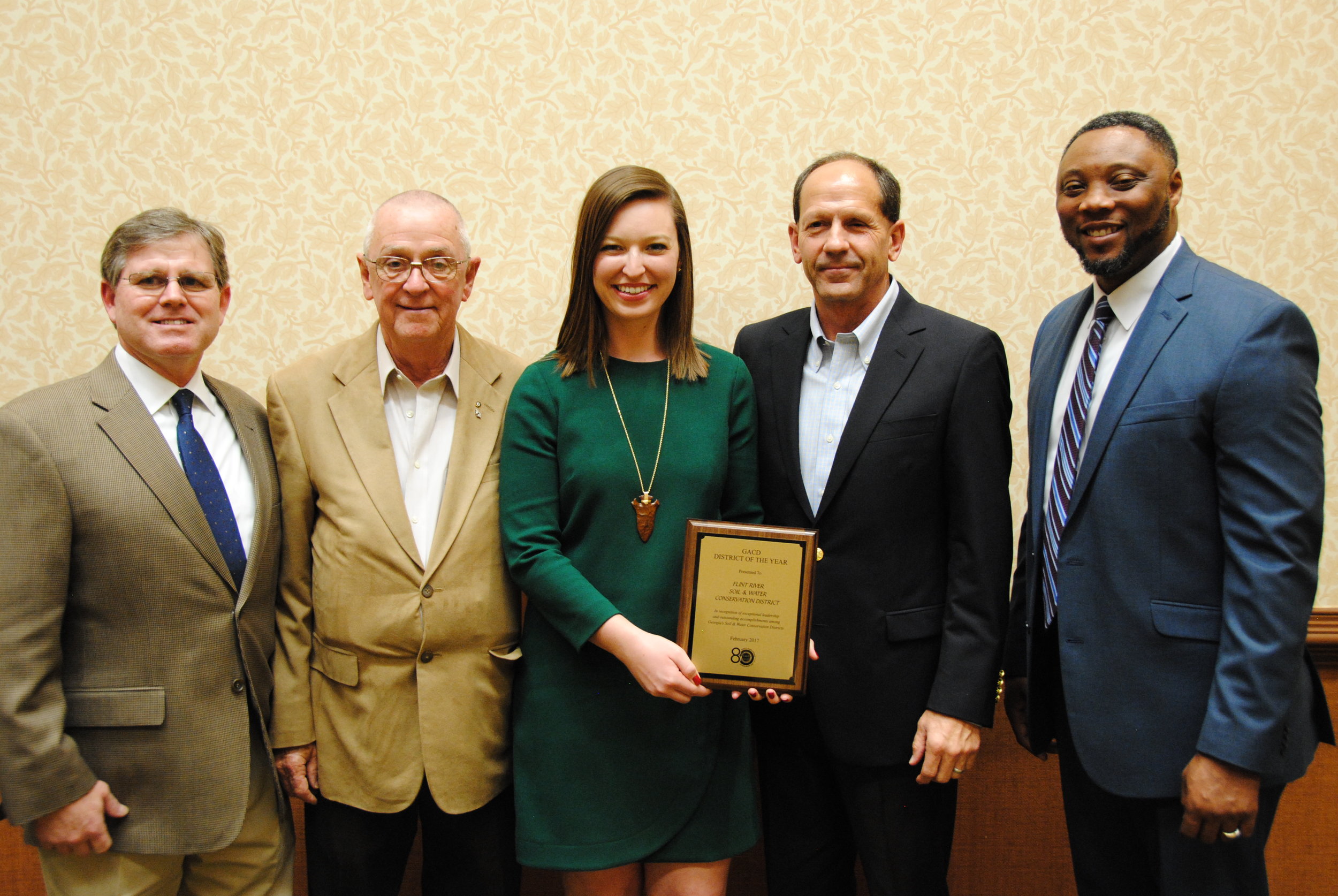 Pictured left to right: Woody Snell, Vice-President of GACD; Steve Bailey, Treasurer of Flint River SWCD; Casey Cox, Executive Director of Flint River SWCD; Marty McLendon, Chairman of Flint River SWCD; and Terrance Rudolph, State Conservationist for USDA's Natural Resources Conservation Service (Georgia). 
