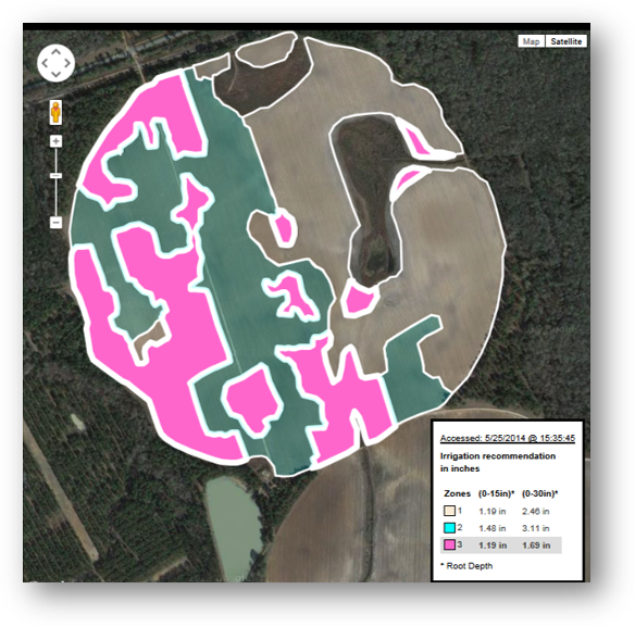 Irrigation management zones for a VRI map with varying irrigation recommendations.