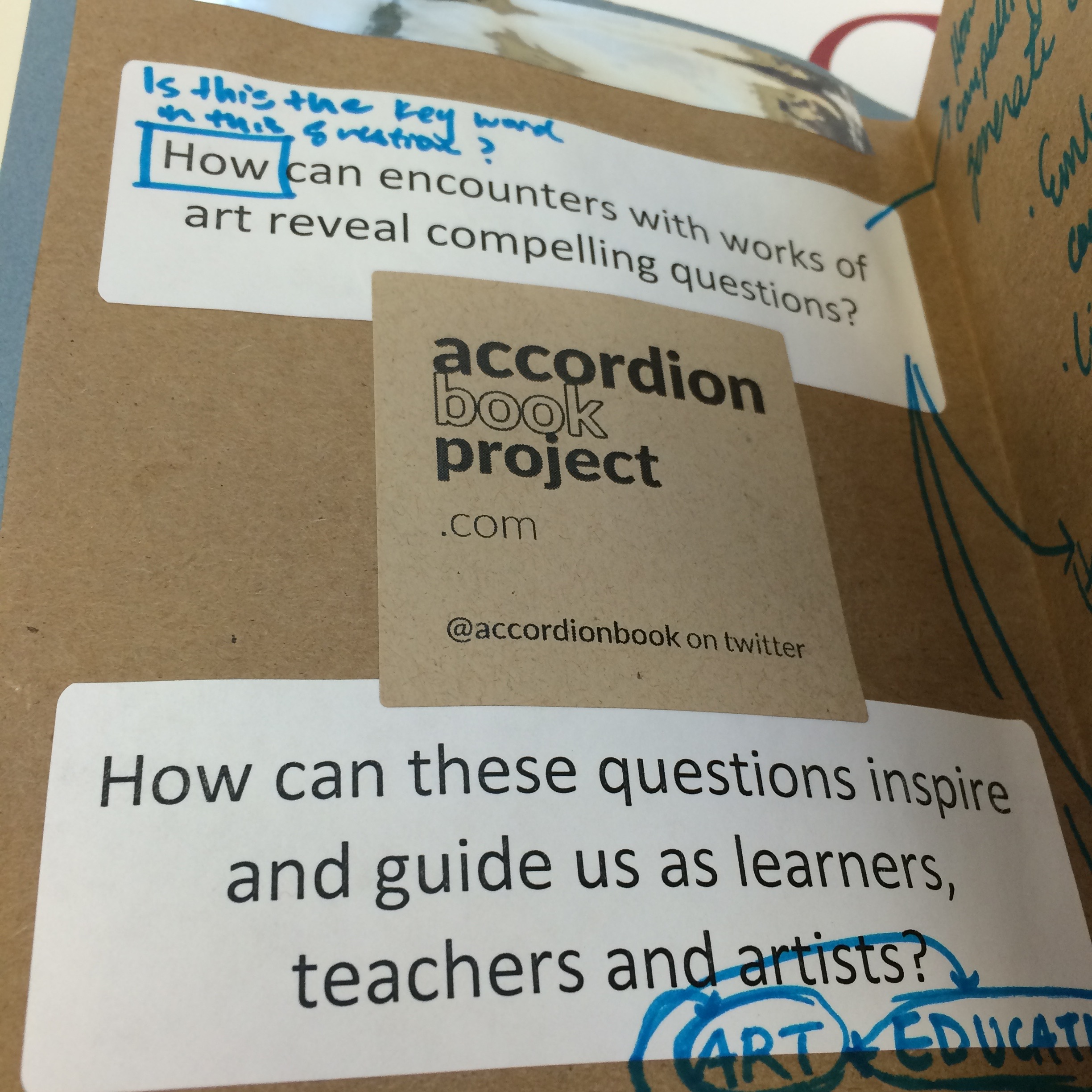 Front page with the APL's guiding questions and a sticker from the accordionbookproject