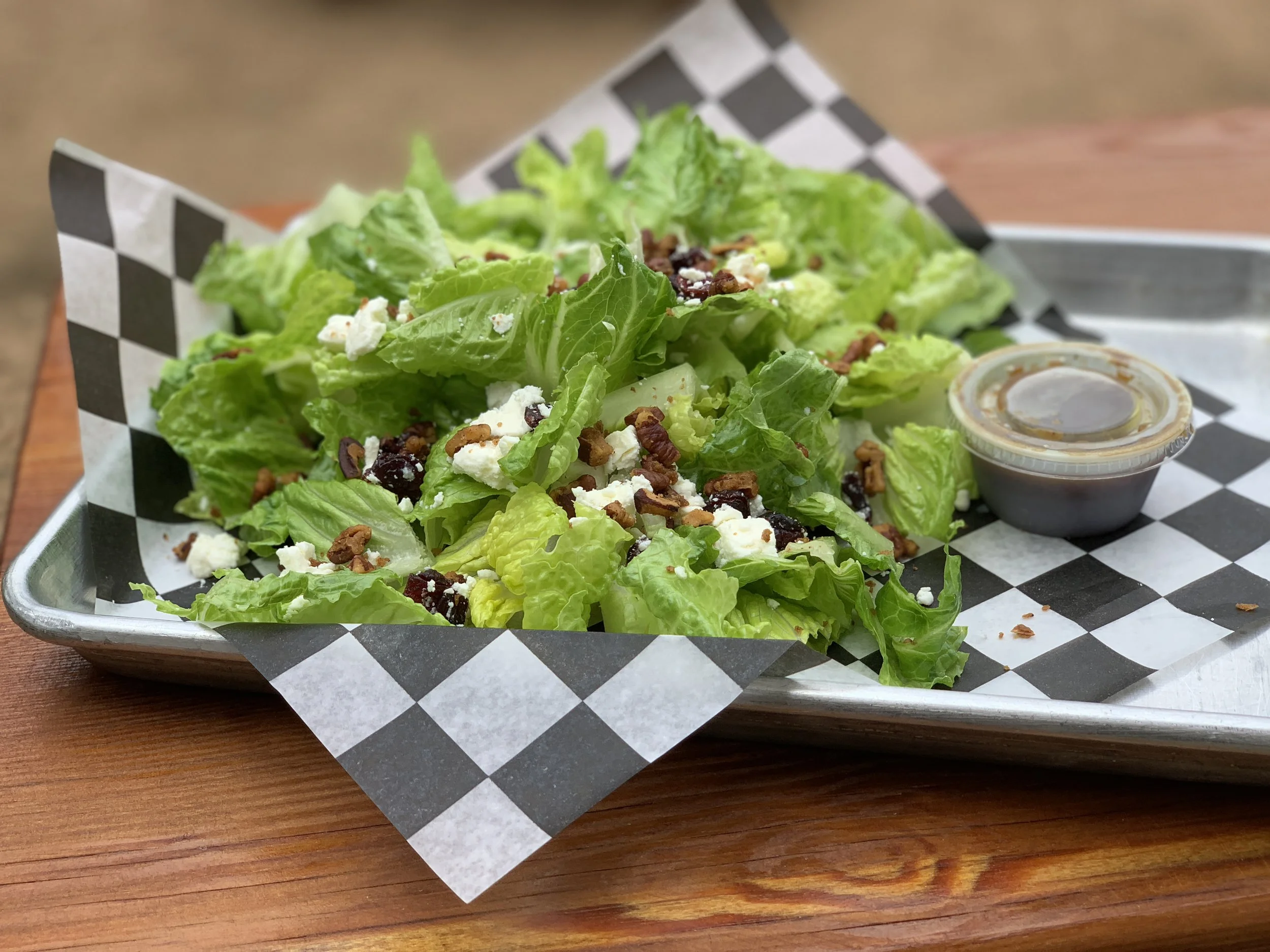 Harvest Salad - spicy, candied pecans, feta and cranberries on a bed of romaine with balsamic vinaigrette dressing