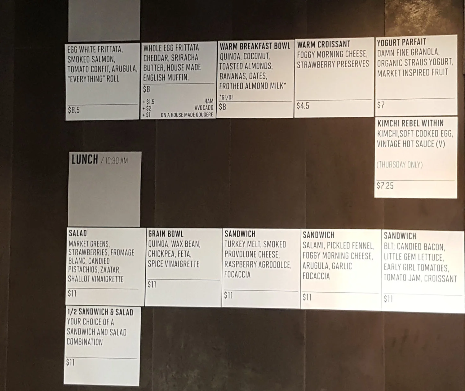 The salad and sandwich menu