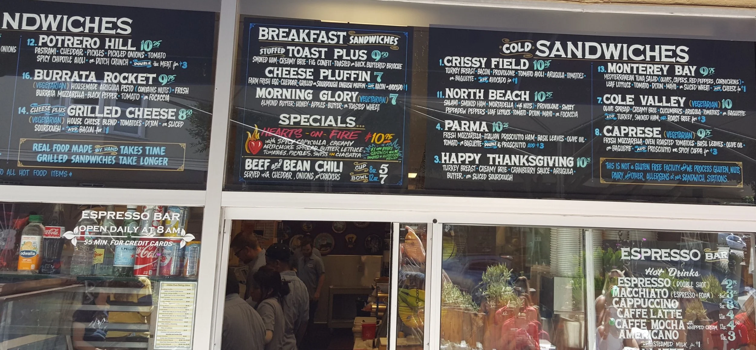 The sandwich menu at the sidewalk cafe.