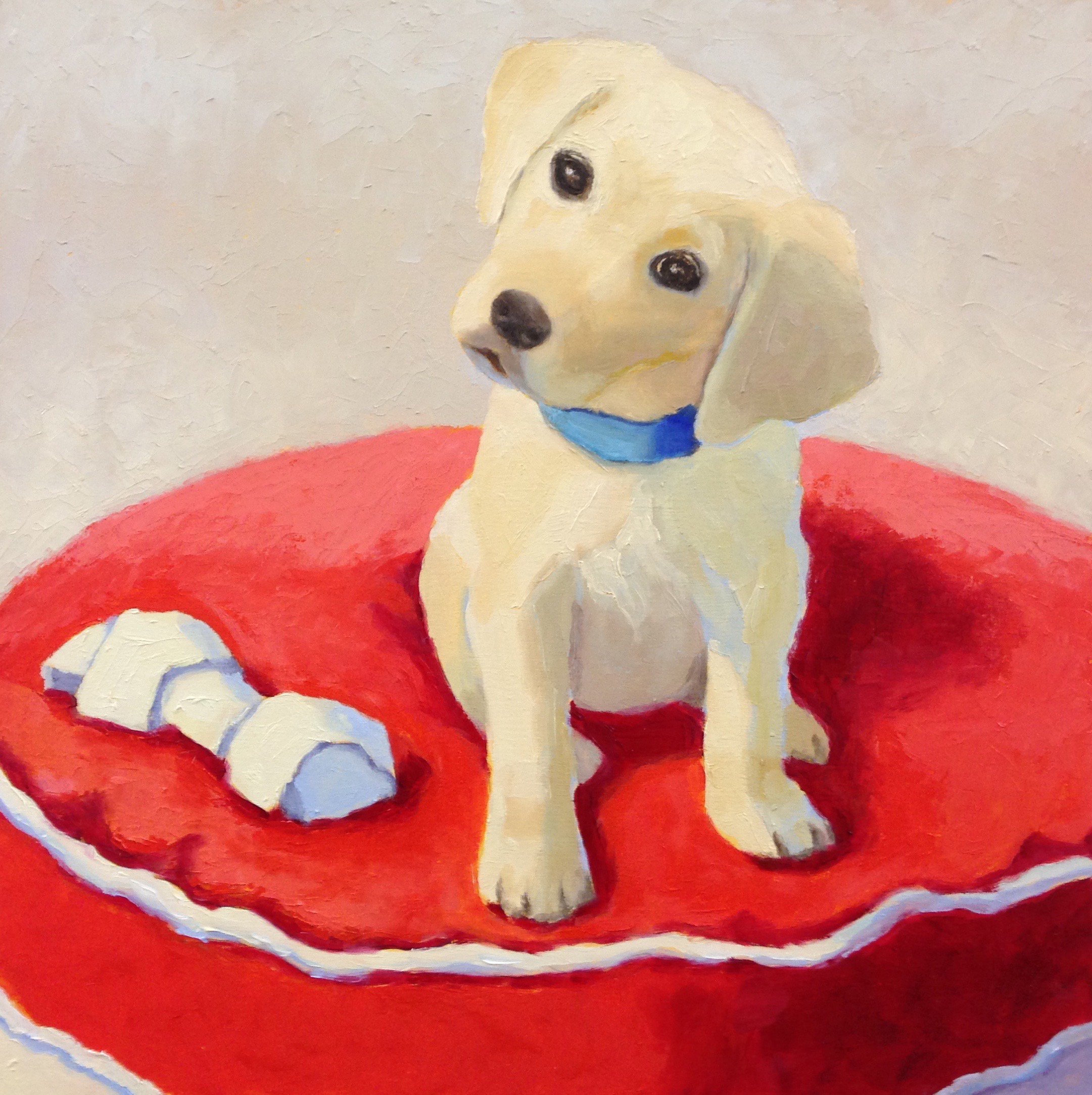 Lab Puppy on Red Bed by Pat Doherty