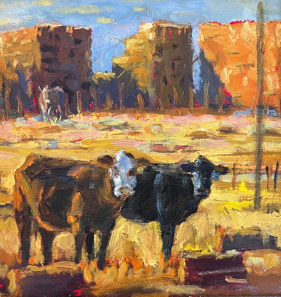 Hay Stack & Bales plus 2 Cows by Marilyn Eger