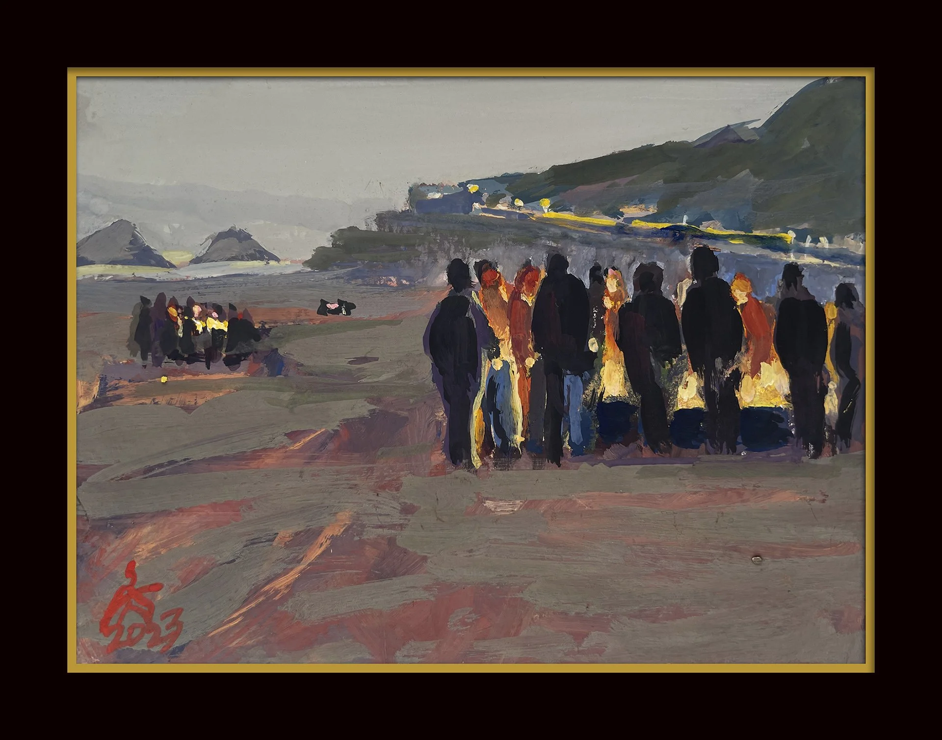 BHPang_OceanBeach_BonFire_4.5x6_Gouache_Framed_5.5x7.jpg